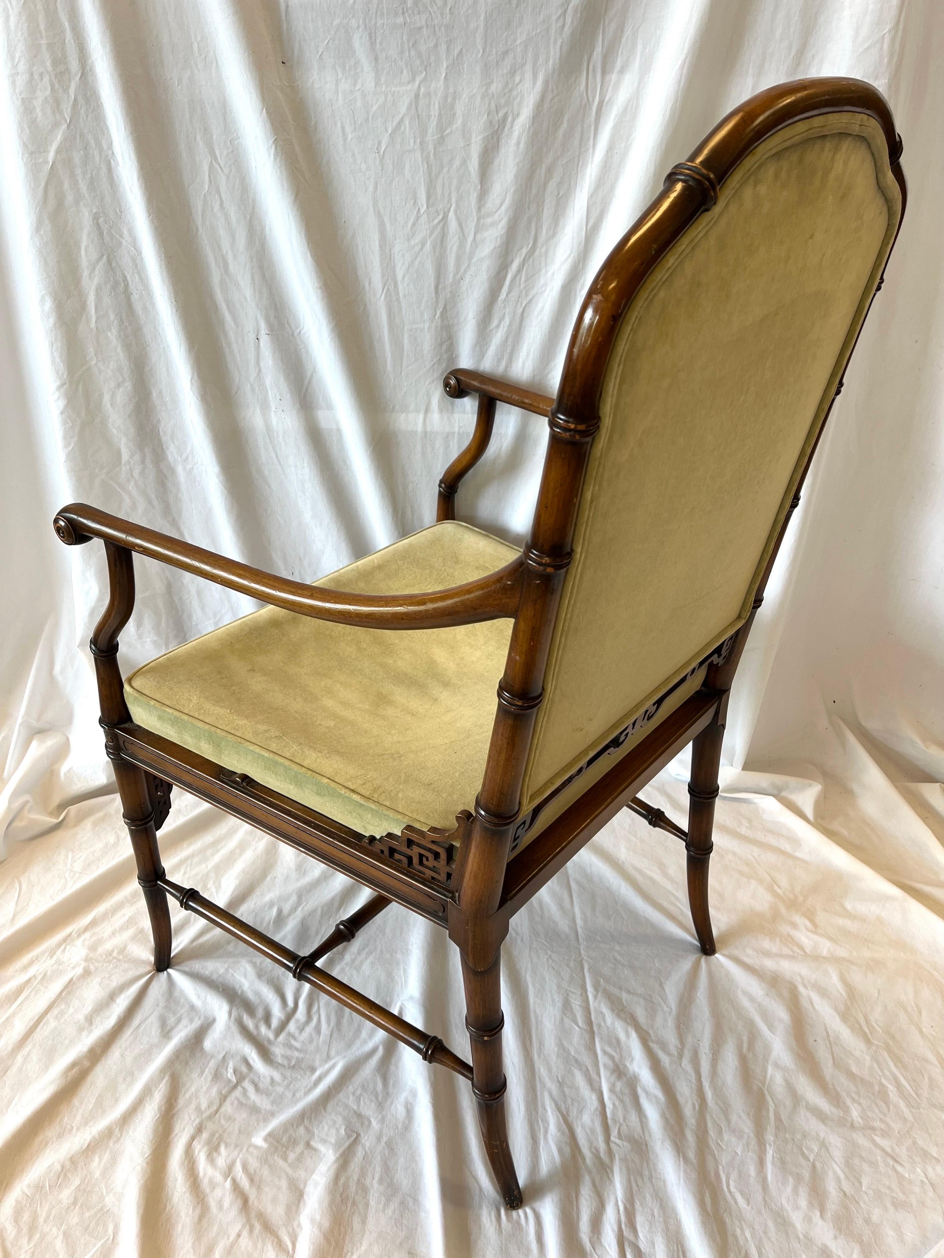 Vintage Faux Bamboo Chinoiserie Style Upholstered Fretwork Armchair Desk Chair 2