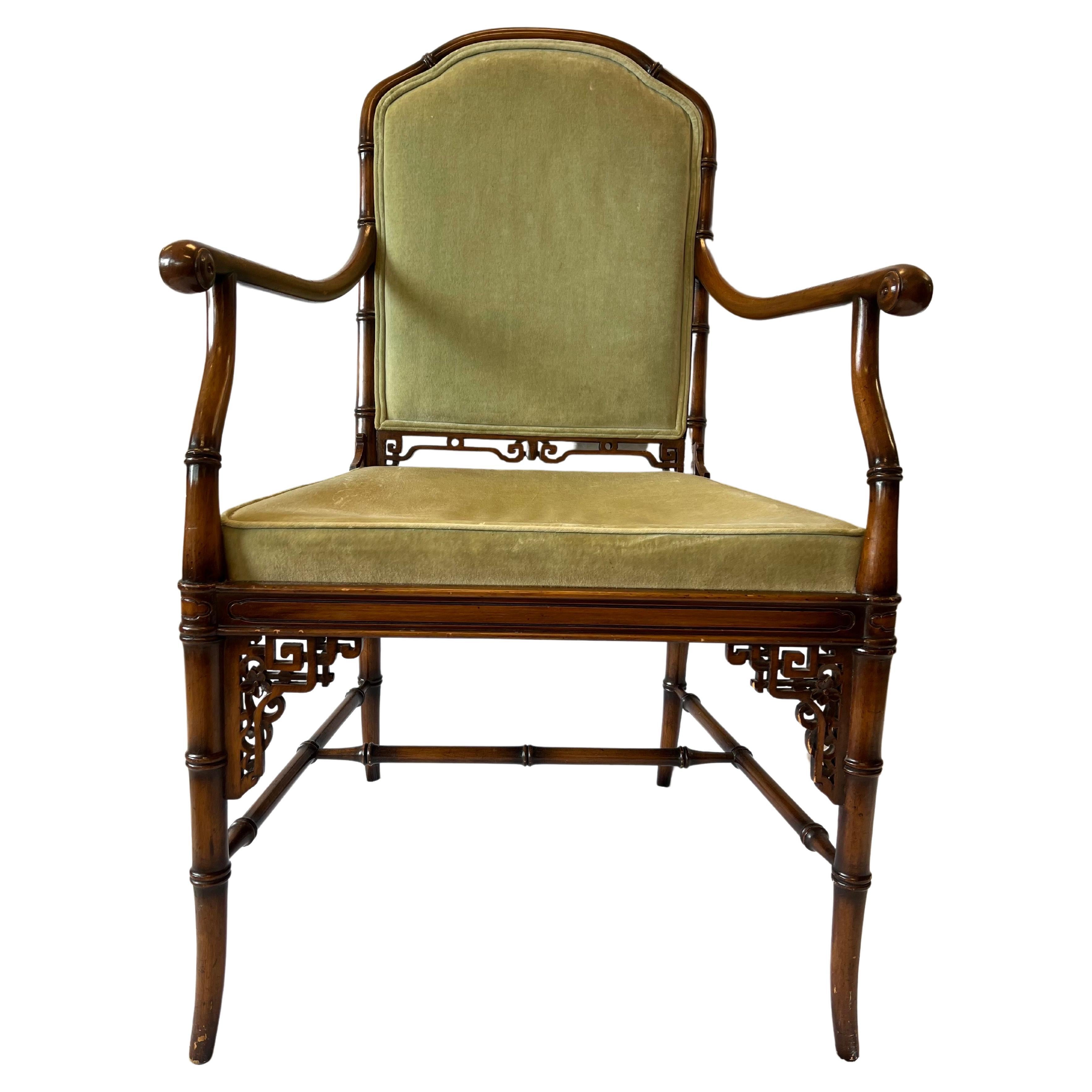 Vintage Faux Bamboo Chinoiserie Style Upholstered Fretwork Armchair Desk Chair