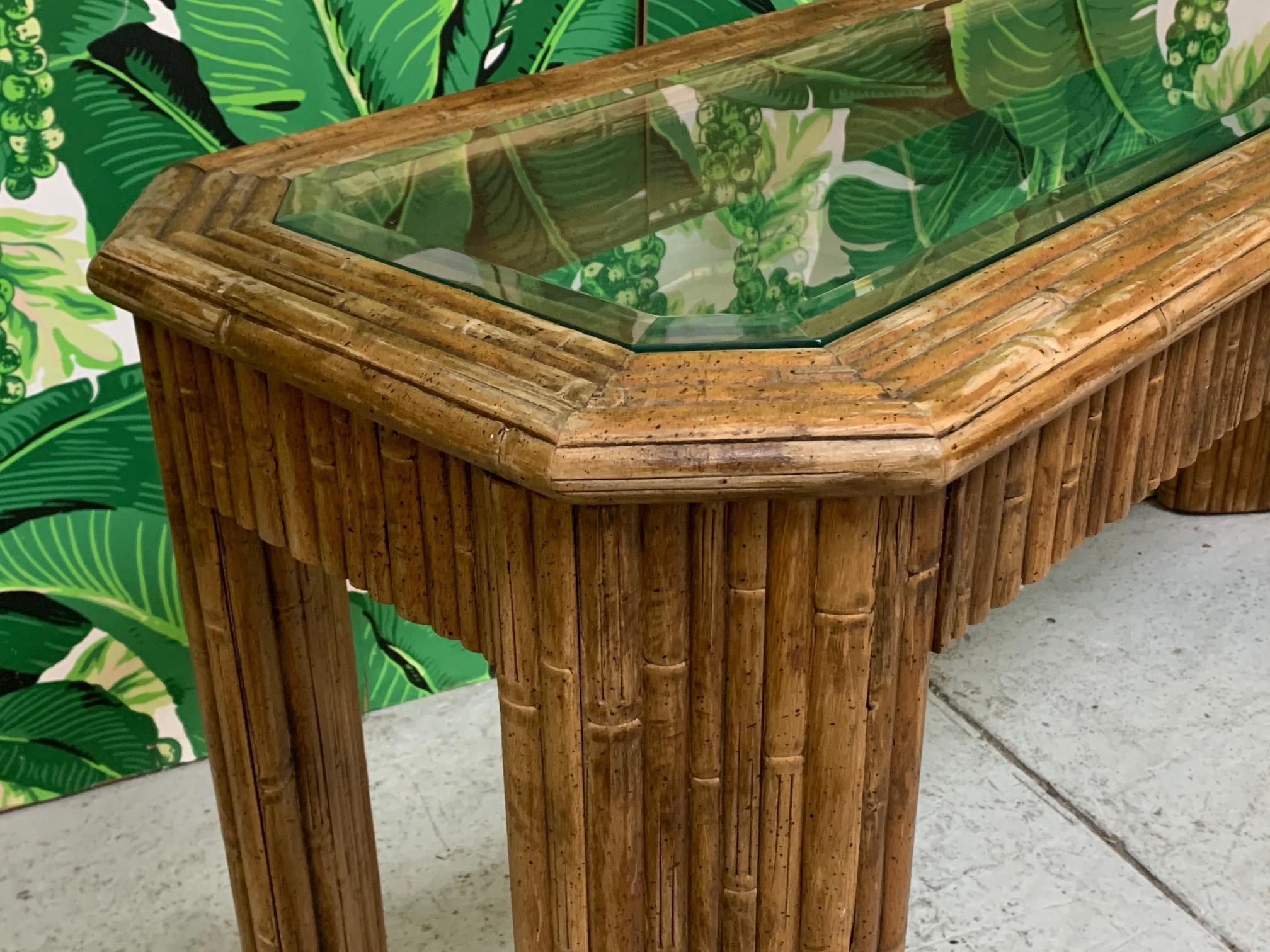 Organic Modern Vintage Faux Bamboo Console Table For Sale