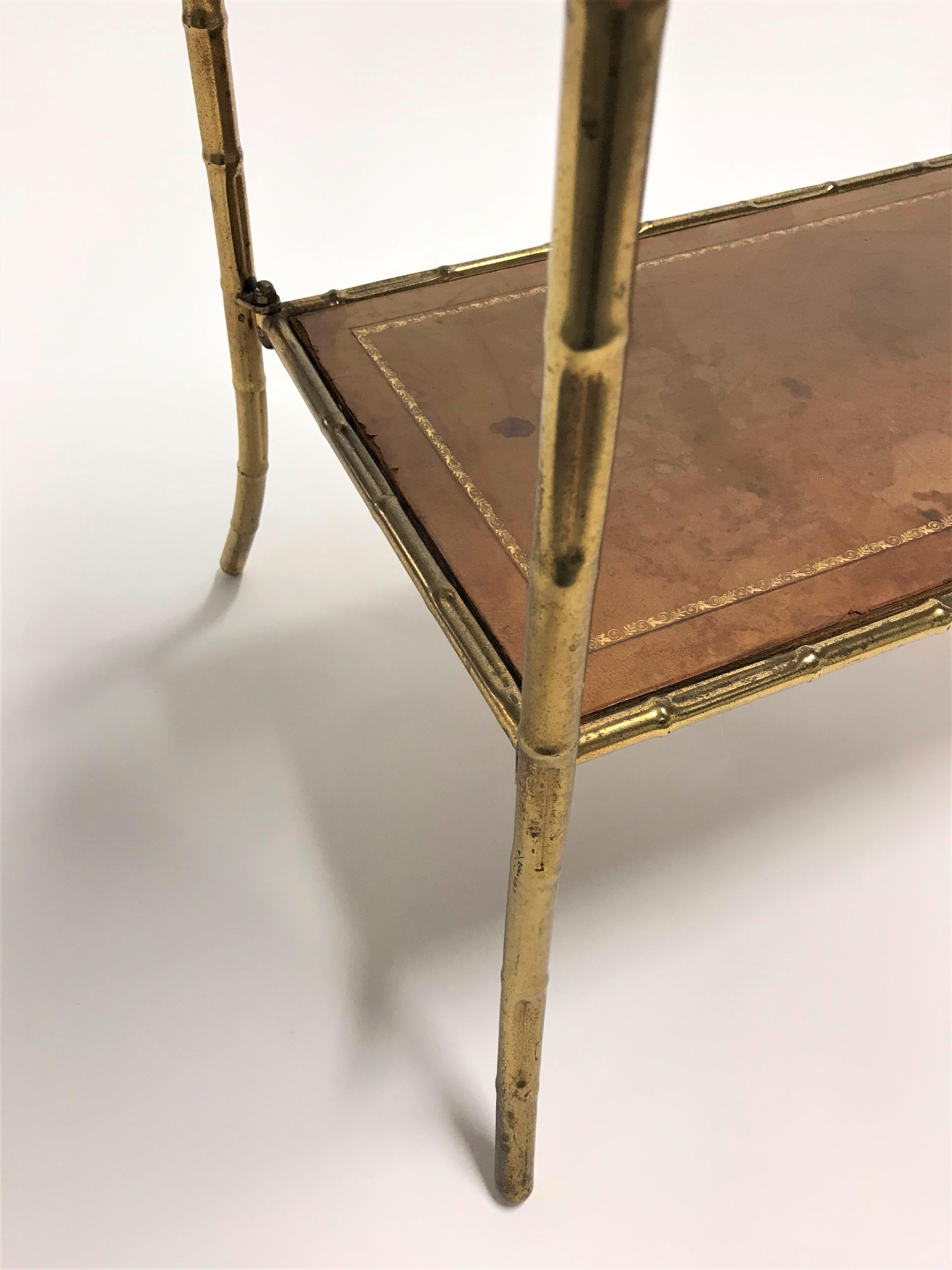 French Vintage Faux Bamboo Étagère in Brass and Leather, 1950s