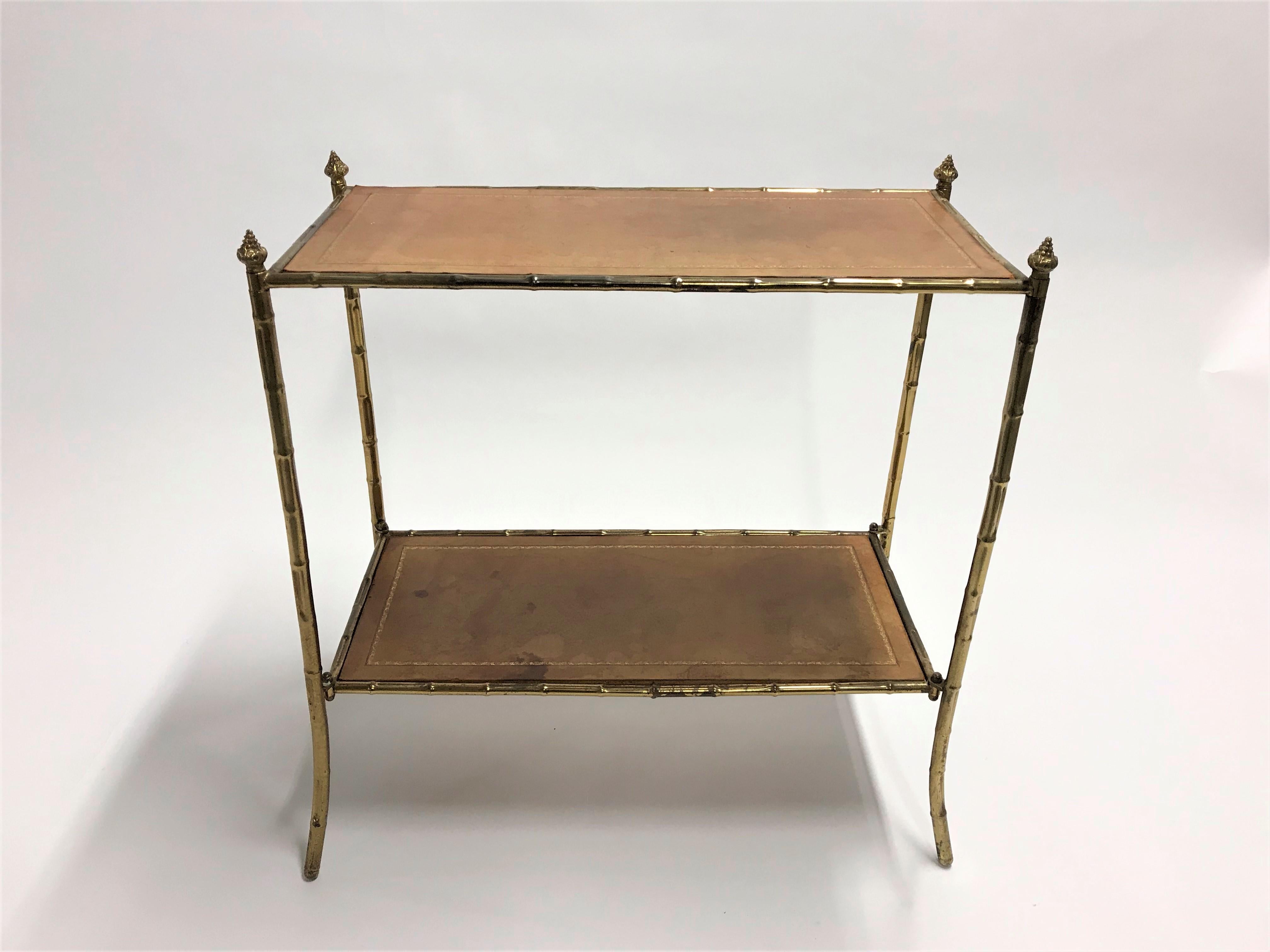 Mid-20th Century Vintage Faux Bamboo Étagère in Brass and Leather, 1950s