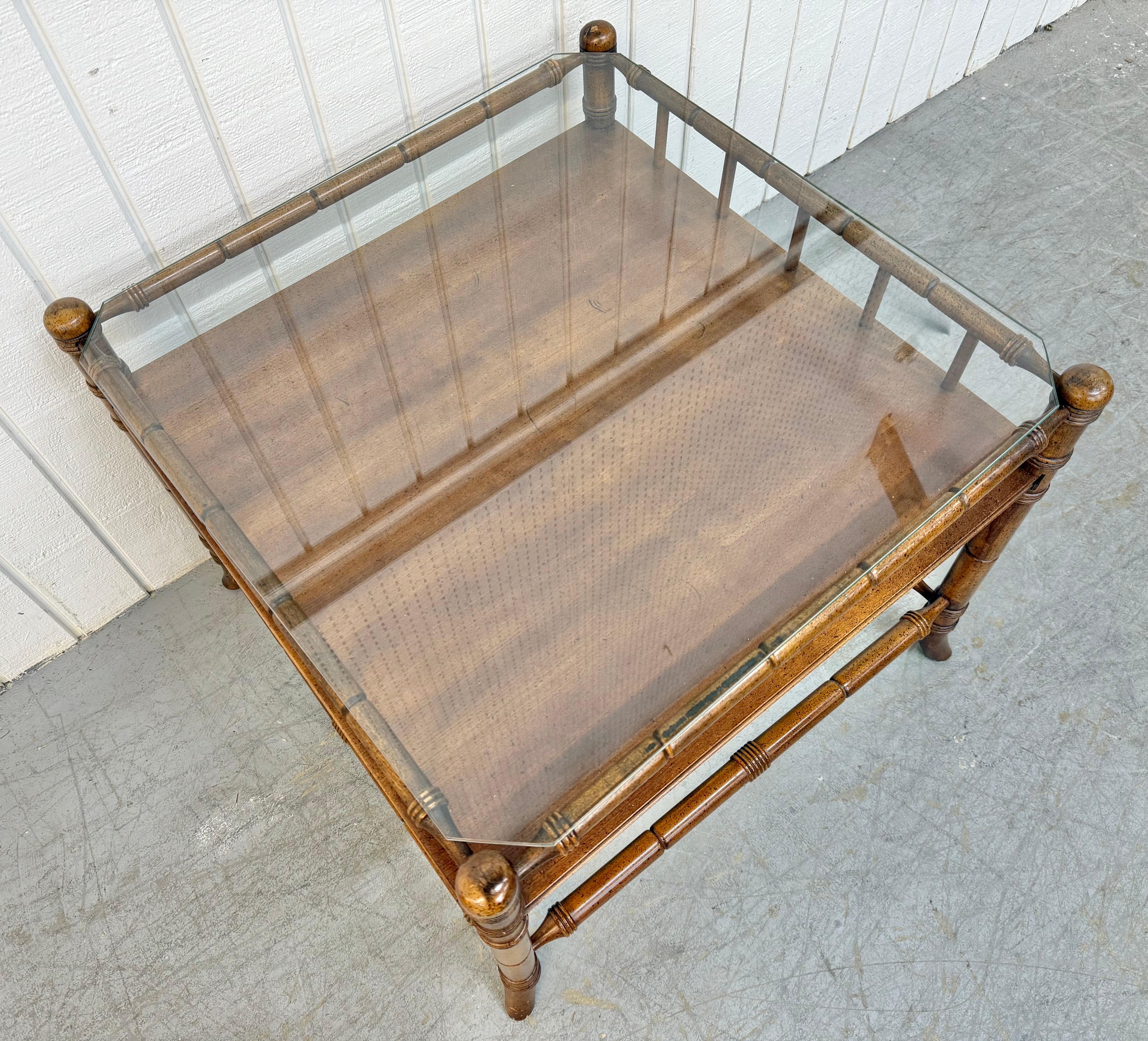 This listing is for a Vintage Faux Bamboo Glass Top Side Table. Featuring a solid wood frame, faux bamboo design, glass top, and beautiful walnut finish. This is an exceptional combination of quality and design! 