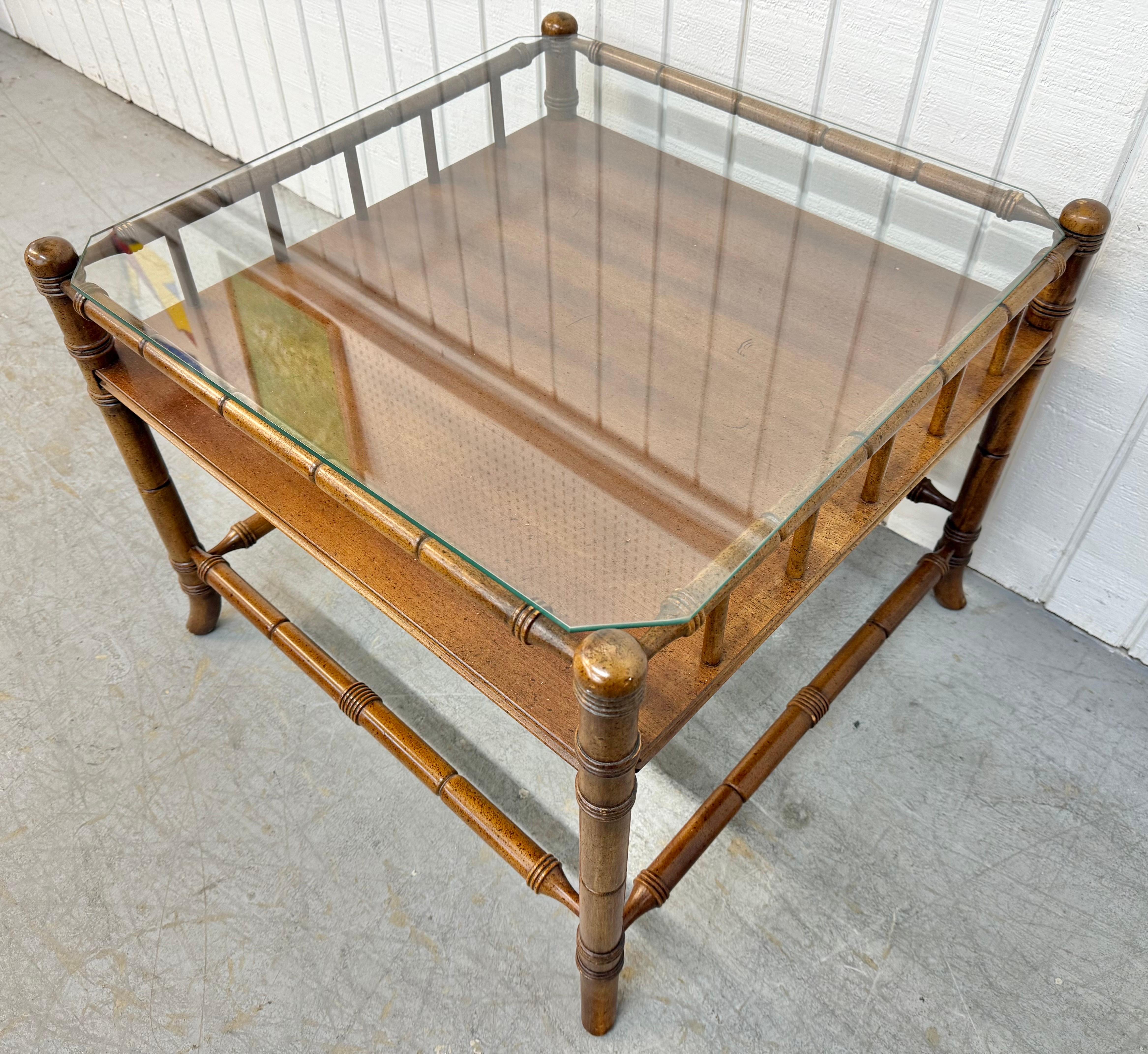 Mid-Century Modern Vintage Faux Bamboo Glass Top Side Table For Sale