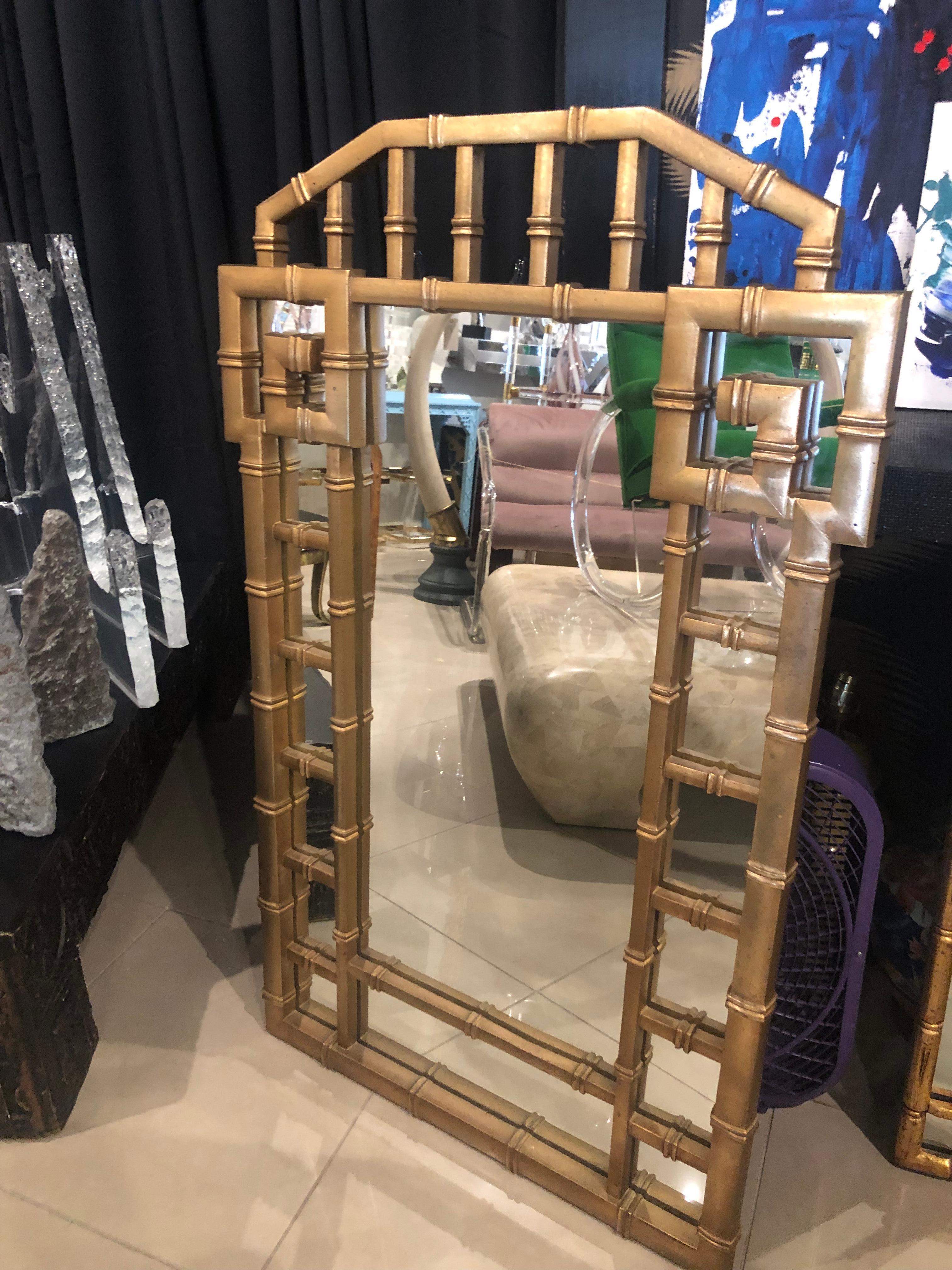 Vintage Faux Bamboo Gold Greek Key Wall Mirror For Sale 4