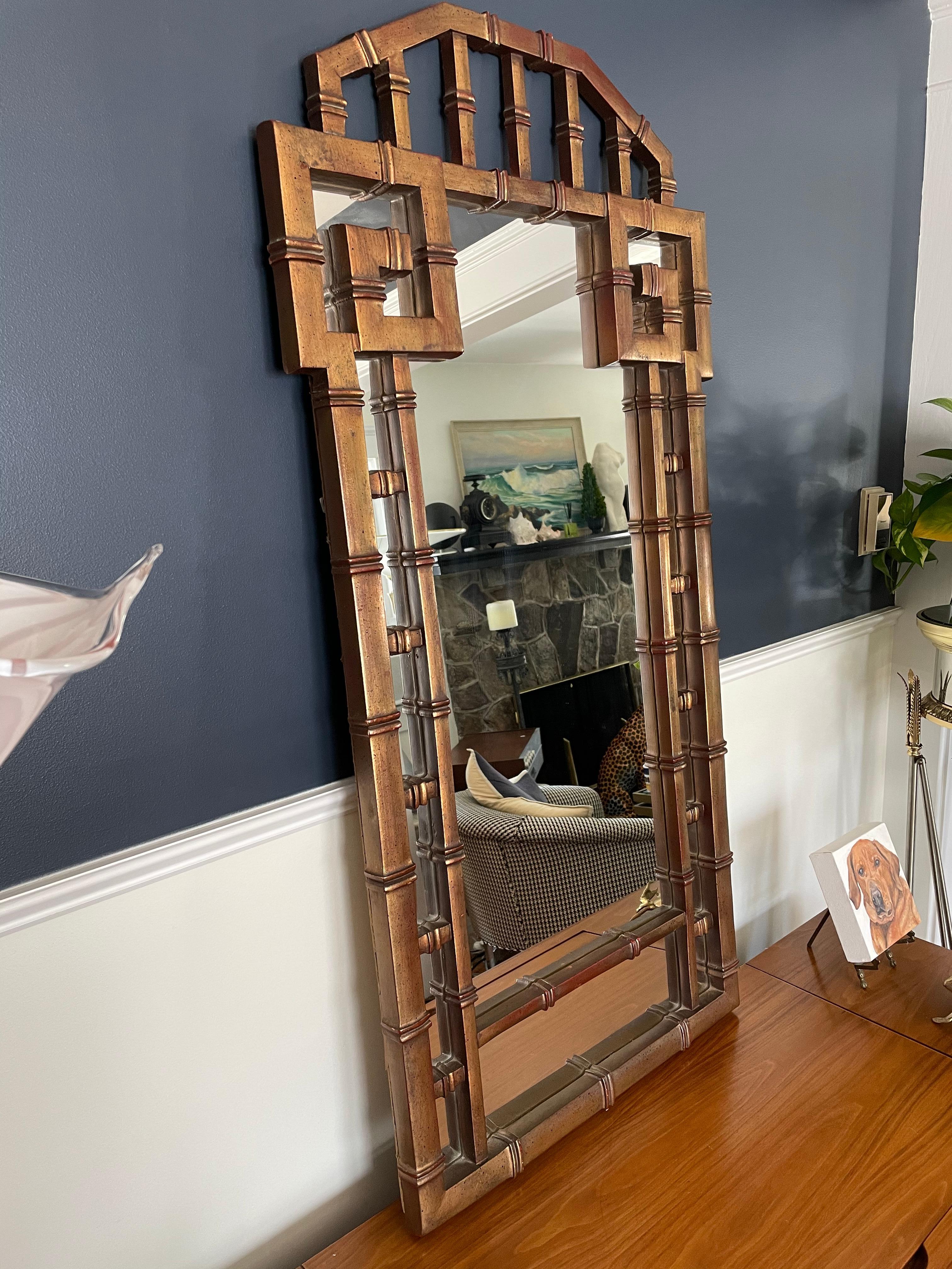 Vintage faux bamboo Greek key wall mirror. Original Antique Gold finish.