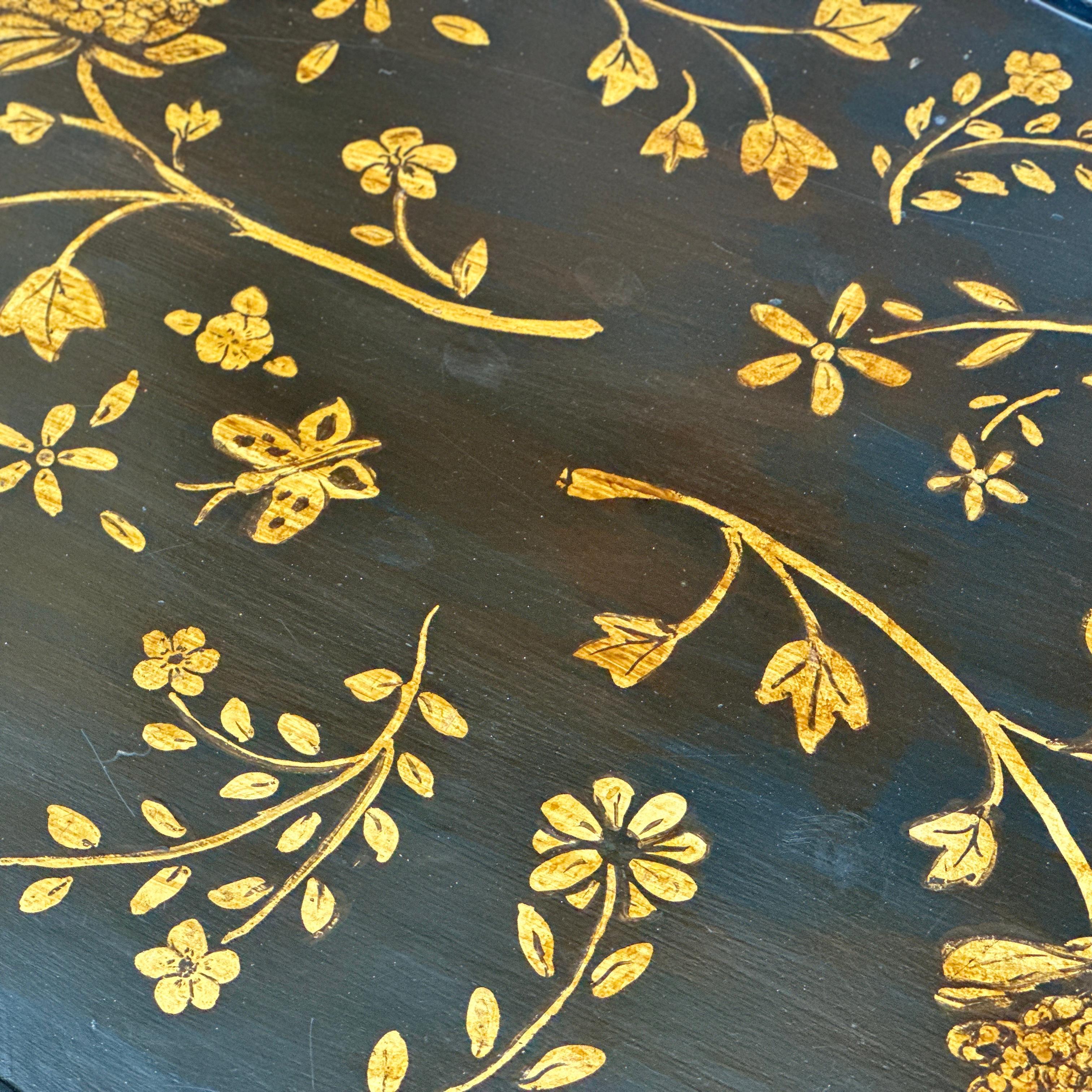 Vintage Faux Bamboo Hand Painted Floral Black & Gold Scalloped Edge Coffee Table 3