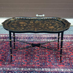 Vintage Faux Bamboo Hand Painted Floral Black & Gold Scalloped Edge Coffee Table