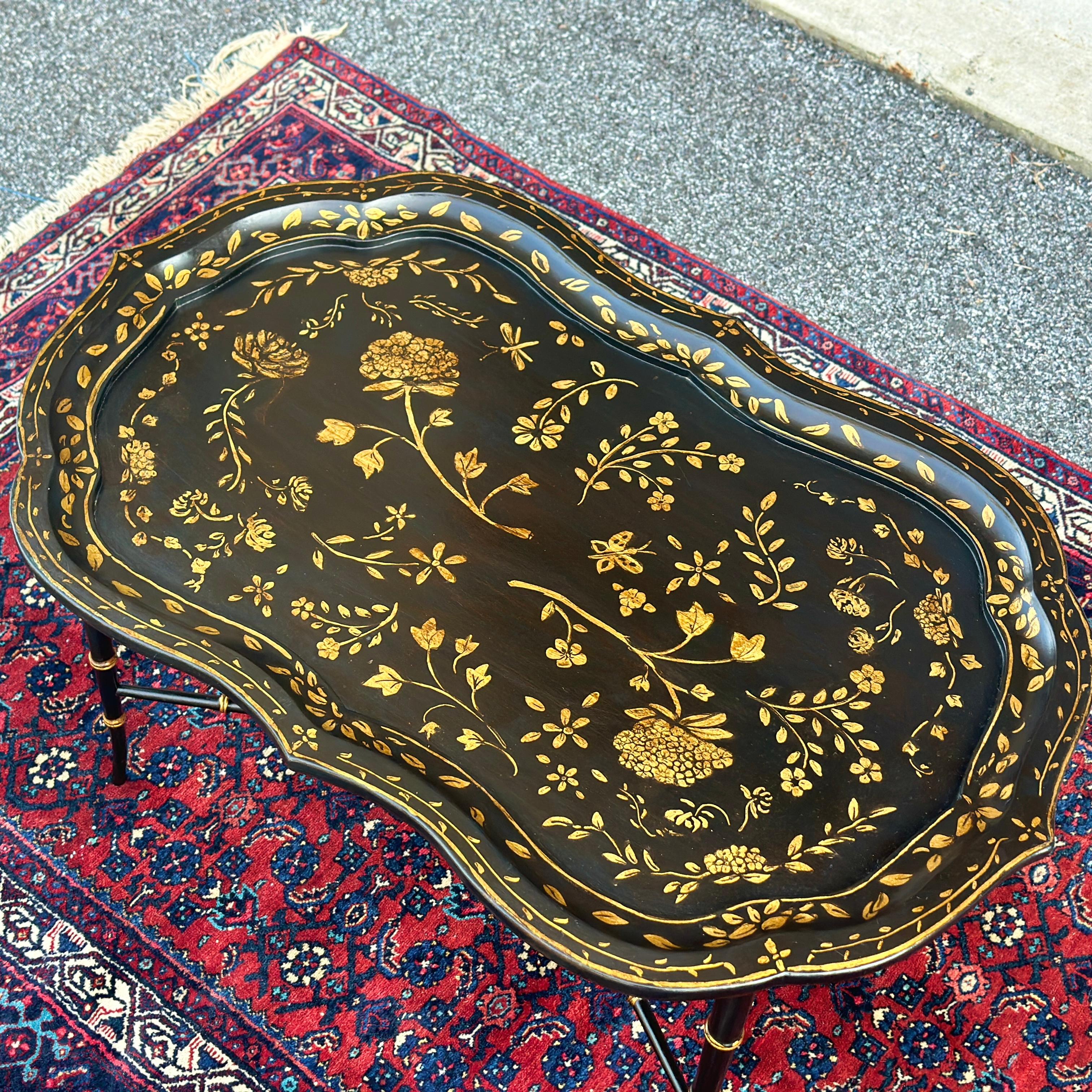 Chinoiserie Vintage Faux Bamboo Hand Painted Floral Black & Gold Scalloped Edge Coffee Table