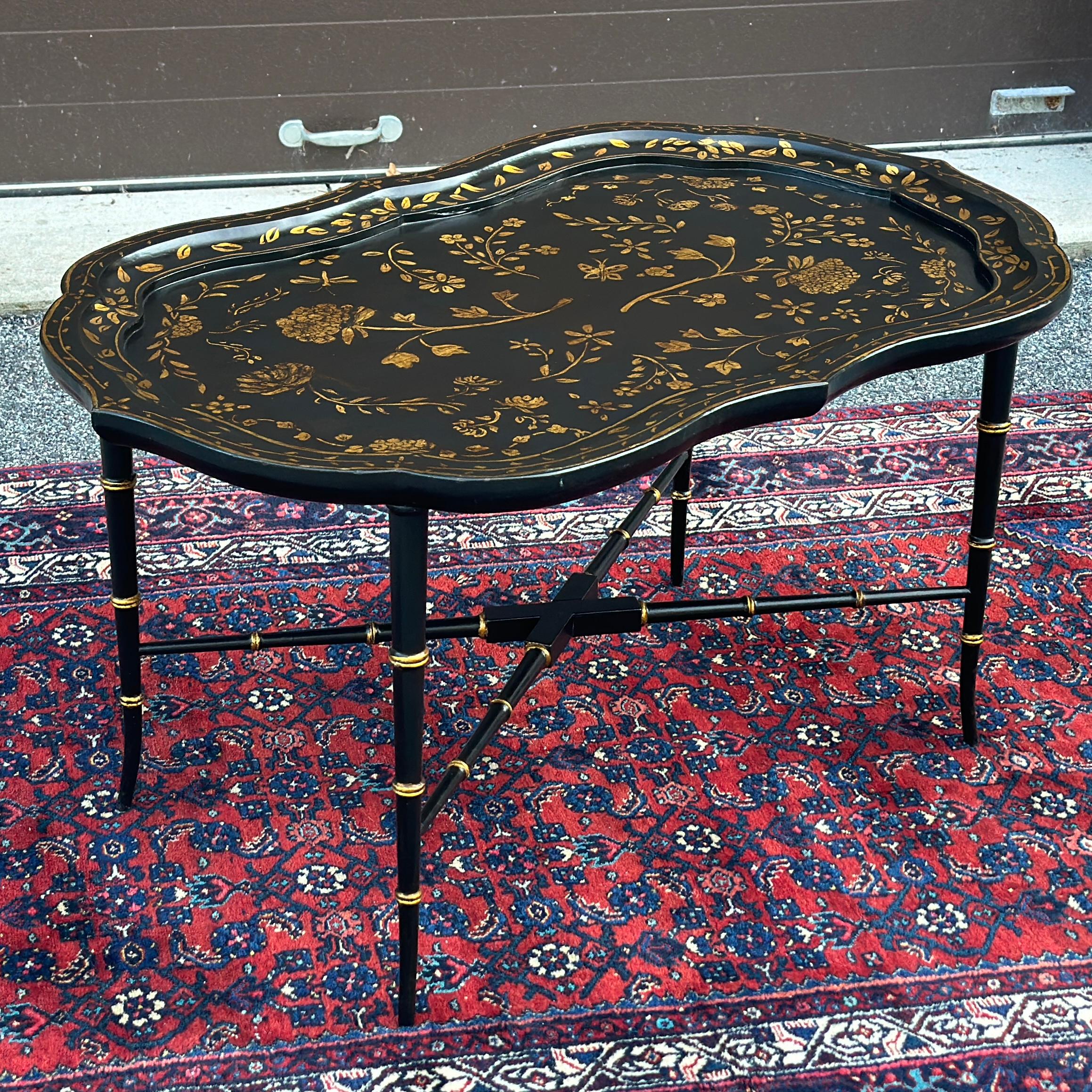 American Vintage Faux Bamboo Hand Painted Floral Black & Gold Scalloped Edge Coffee Table