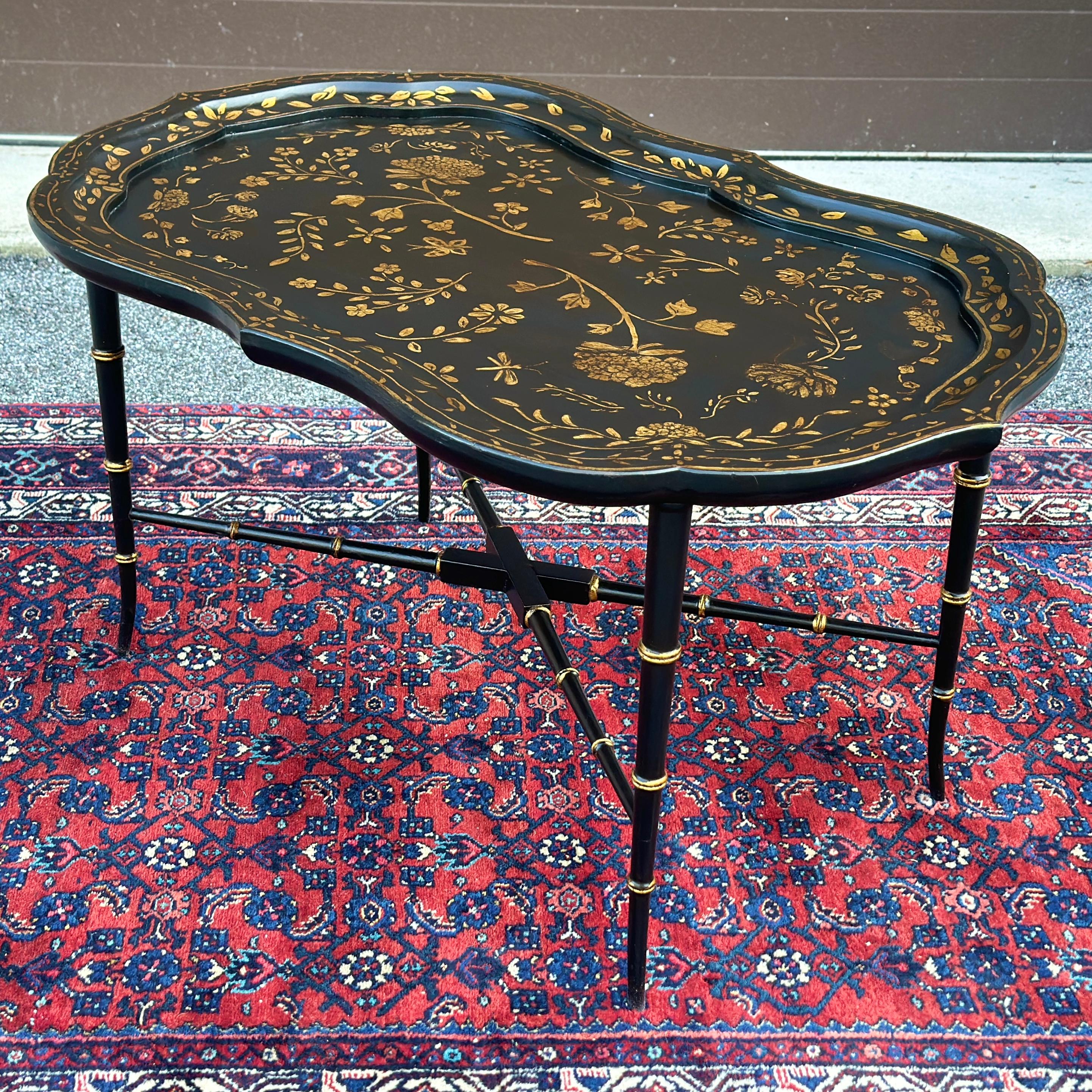 Vintage Faux Bamboo Hand Painted Floral Black & Gold Scalloped Edge Coffee Table In Good Condition In West Chester, PA