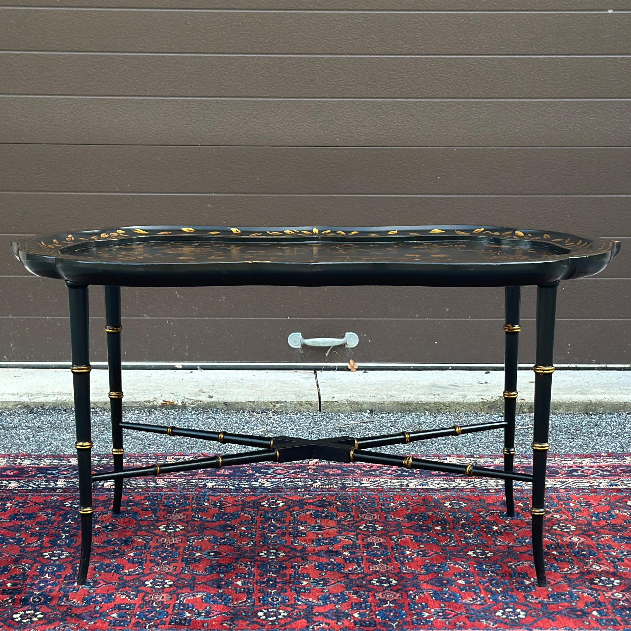 20th Century Vintage Faux Bamboo Hand Painted Floral Black & Gold Scalloped Edge Coffee Table