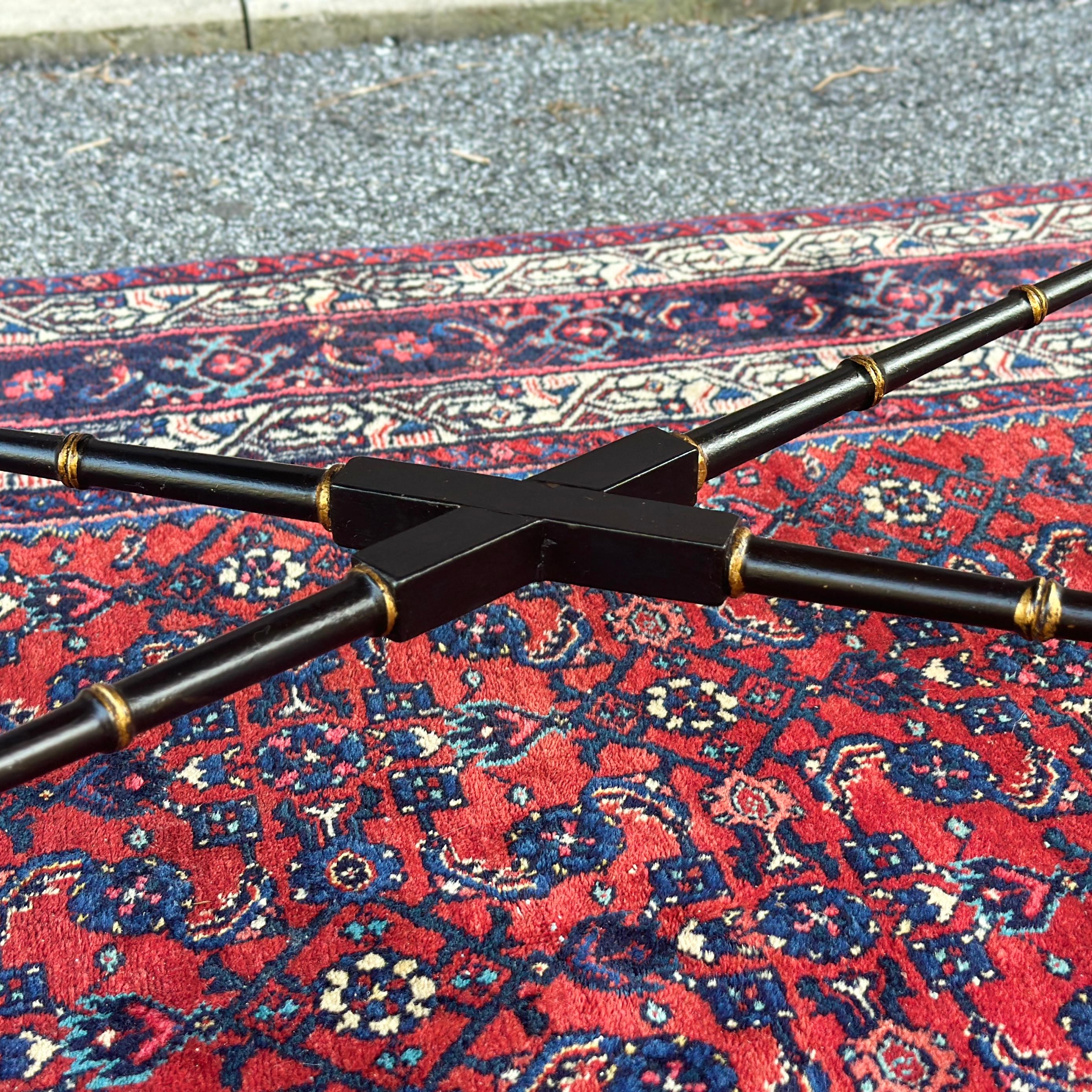 Wood Vintage Faux Bamboo Hand Painted Floral Black & Gold Scalloped Edge Coffee Table