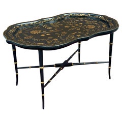 Vintage Faux Bamboo Hand Painted Floral Black & Gold Scalloped Edge Coffee Table