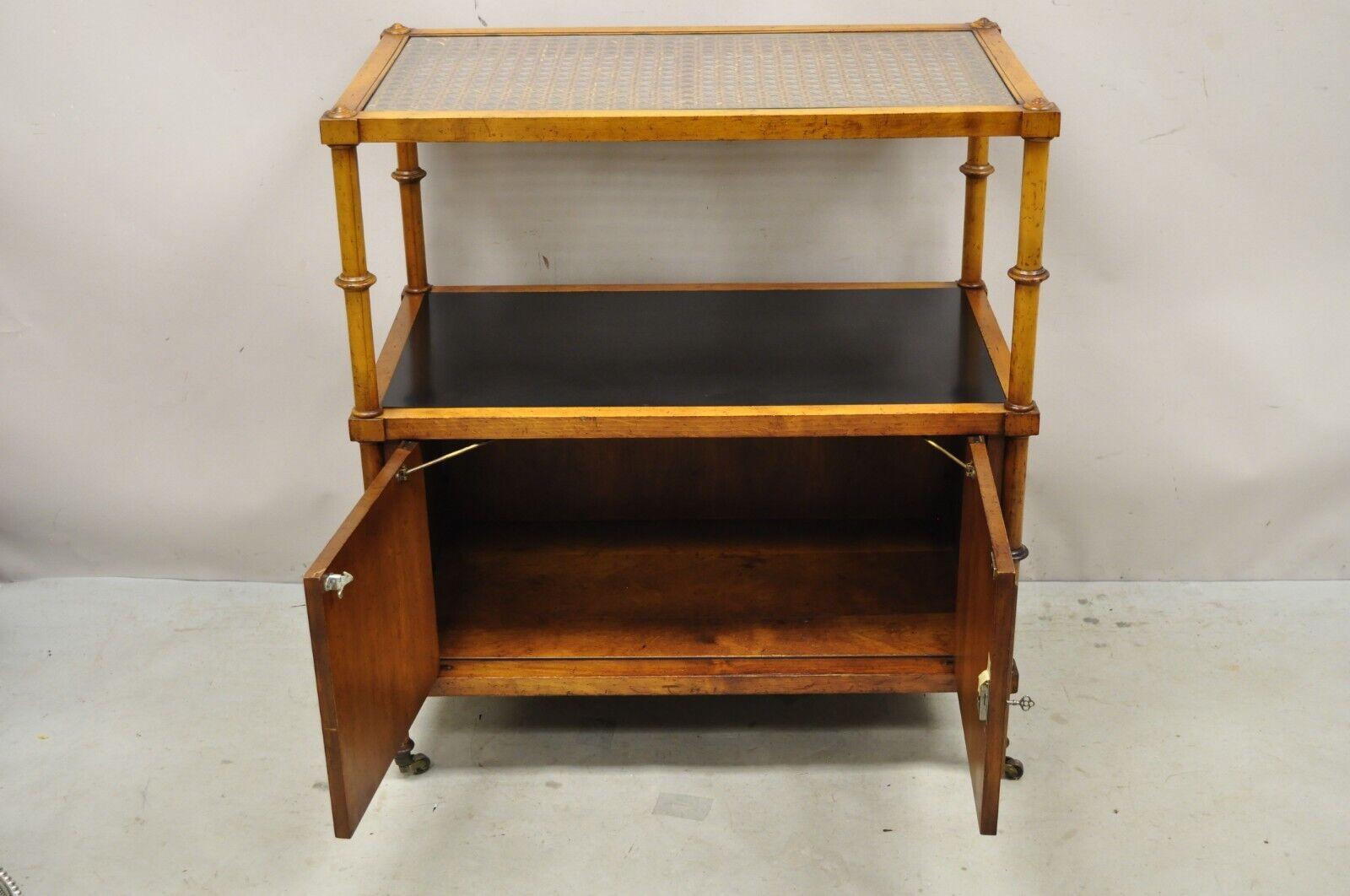 Vintage Faux Bamboo Hollywood Regency 2 Tier Cane Top Bar Cart Server Cabinet In Good Condition In Philadelphia, PA
