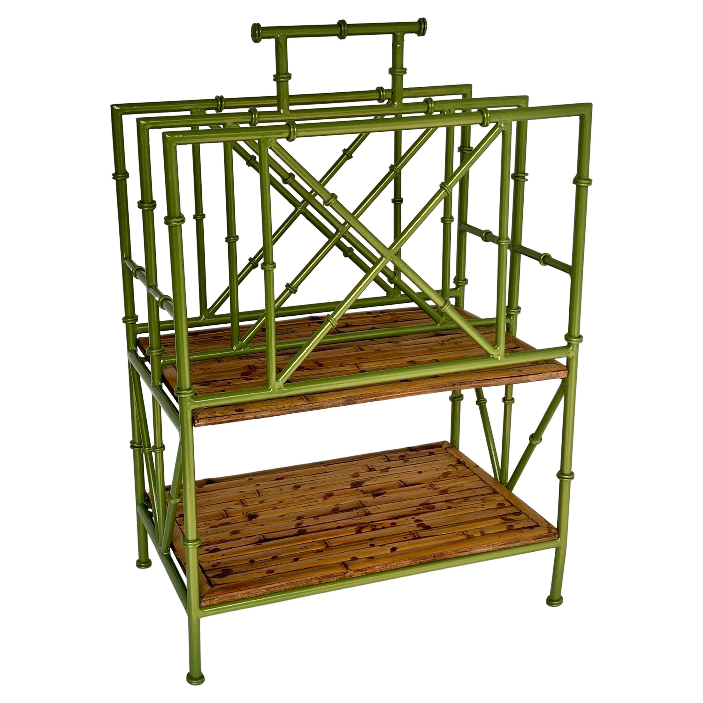 Vintage Faux Bamboo Leafy Green Iron Magazine Rack Stand, France, 1950s For Sale 3