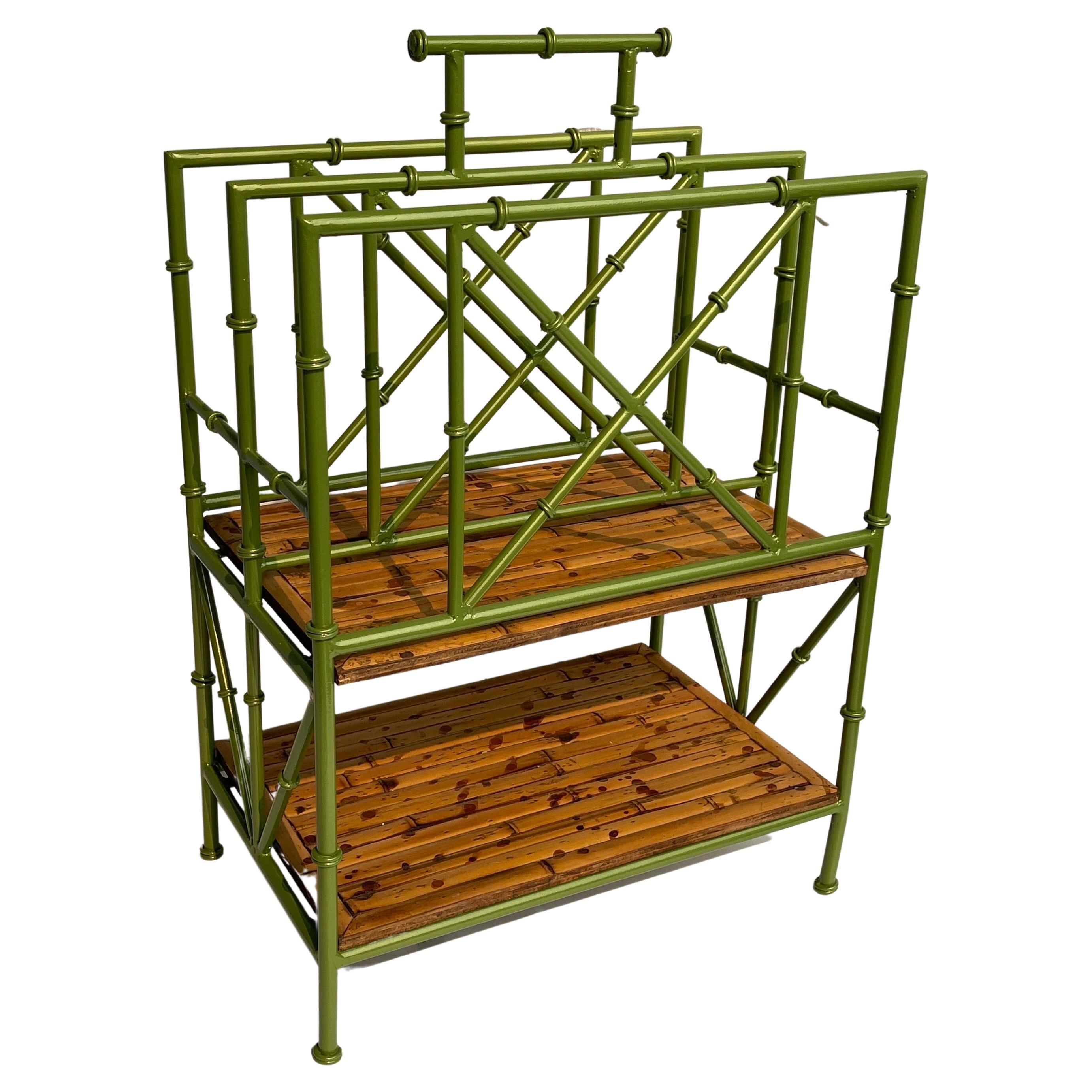 Vintage Faux Bamboo Leafy Green Iron Magazine Rack Stand, France, 1950s For Sale 4