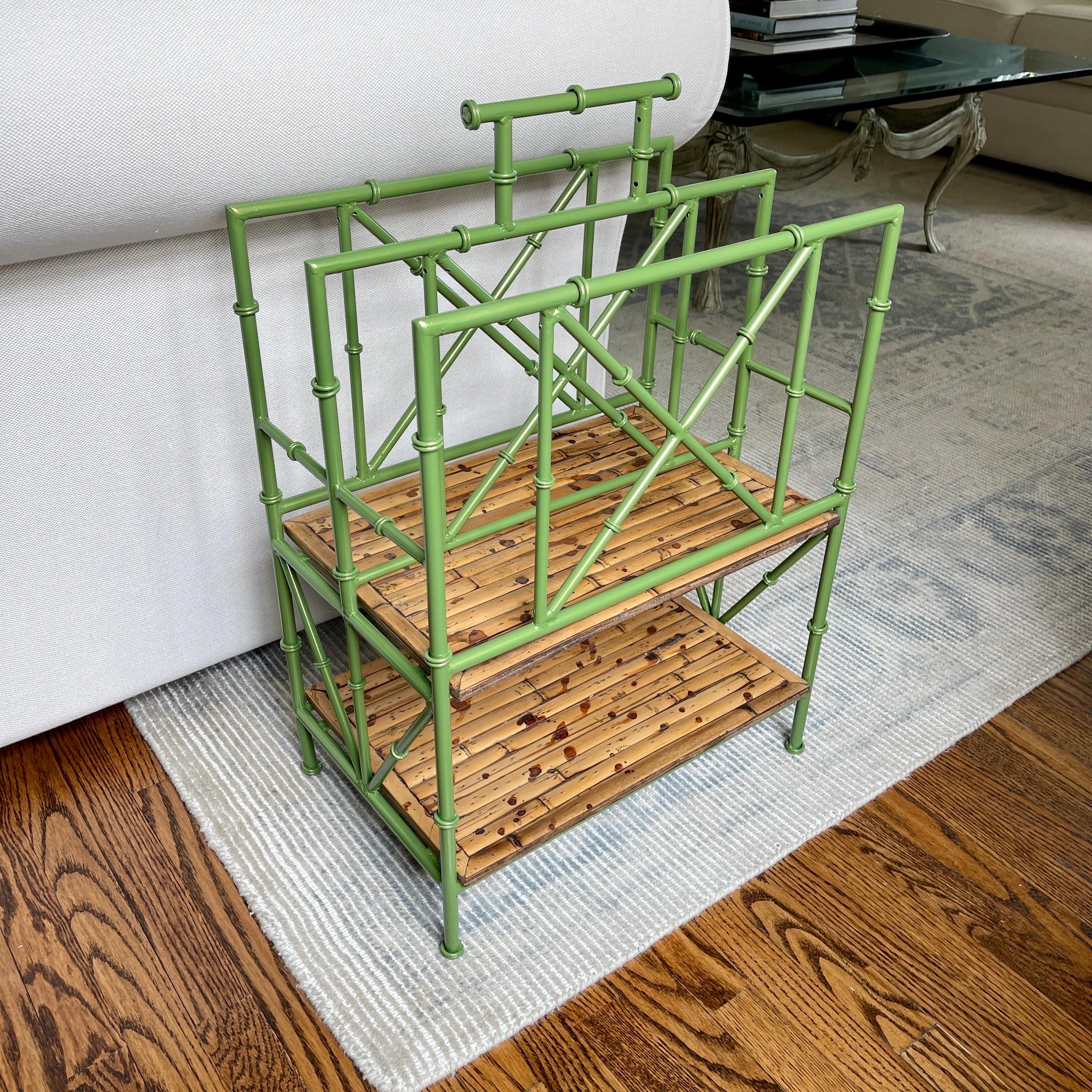 Vintage Faux Bamboo Leafy Green Iron Magazine Rack Stand, France, 1950s For Sale 6
