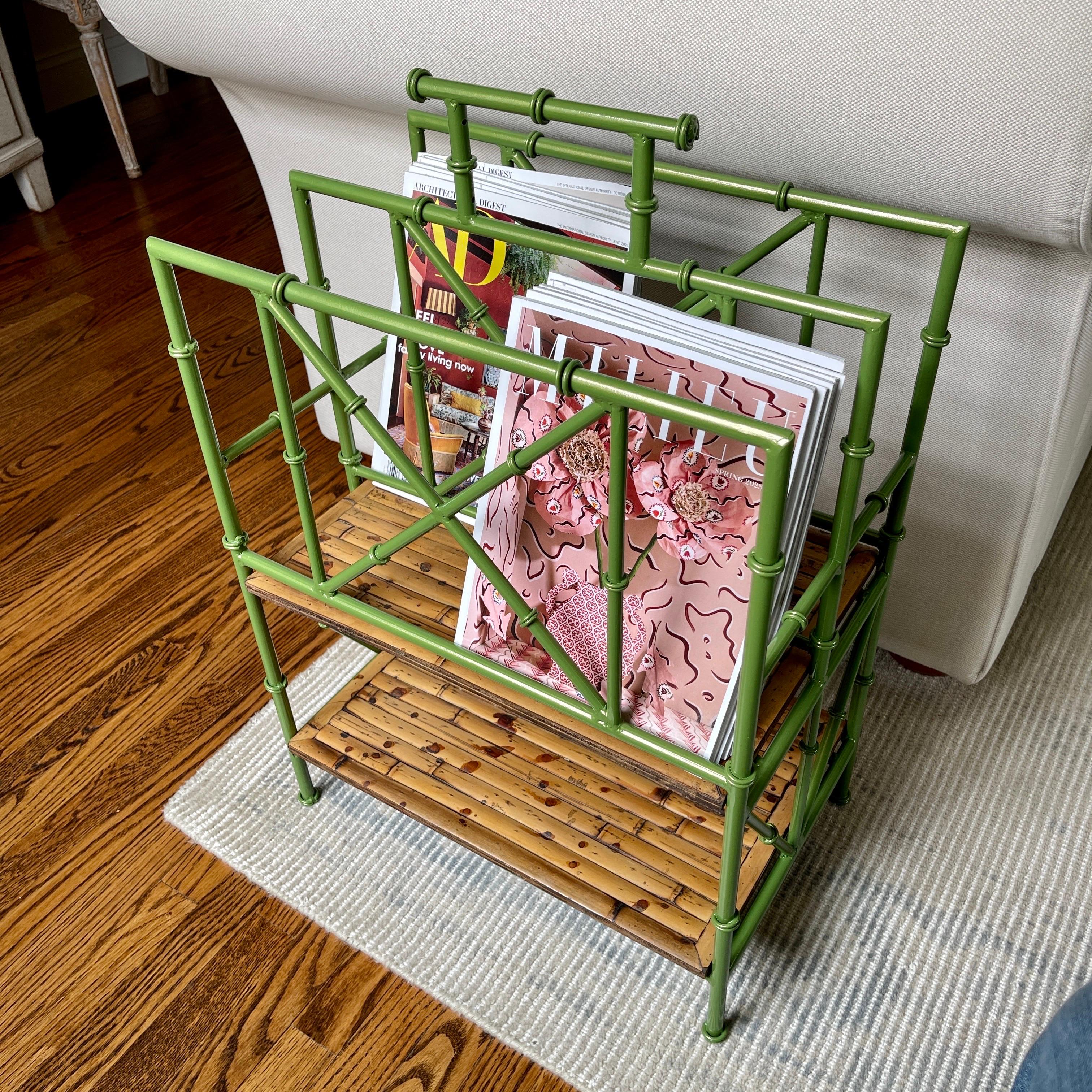 Vintage Faux Bamboo Leafy Green Iron Magazine Rack Stand, France, 1950s For Sale 8