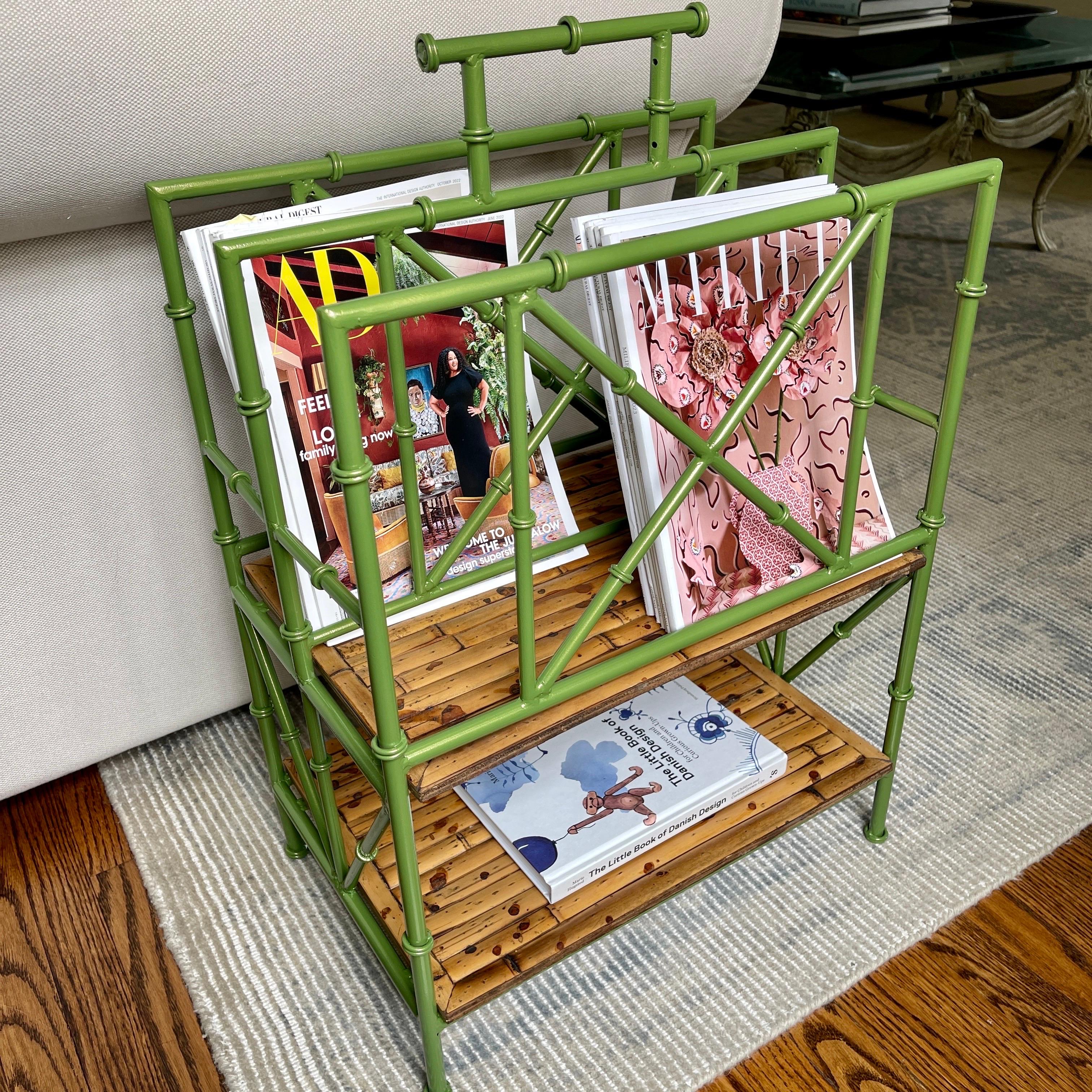 Vintage Faux Bamboo Leafy Green Iron Magazine Rack Stand, France, 1950s For Sale 9