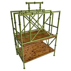 Vintage Faux Bamboo Painted Green Iron Magazine Rack Stand, France, 1950s