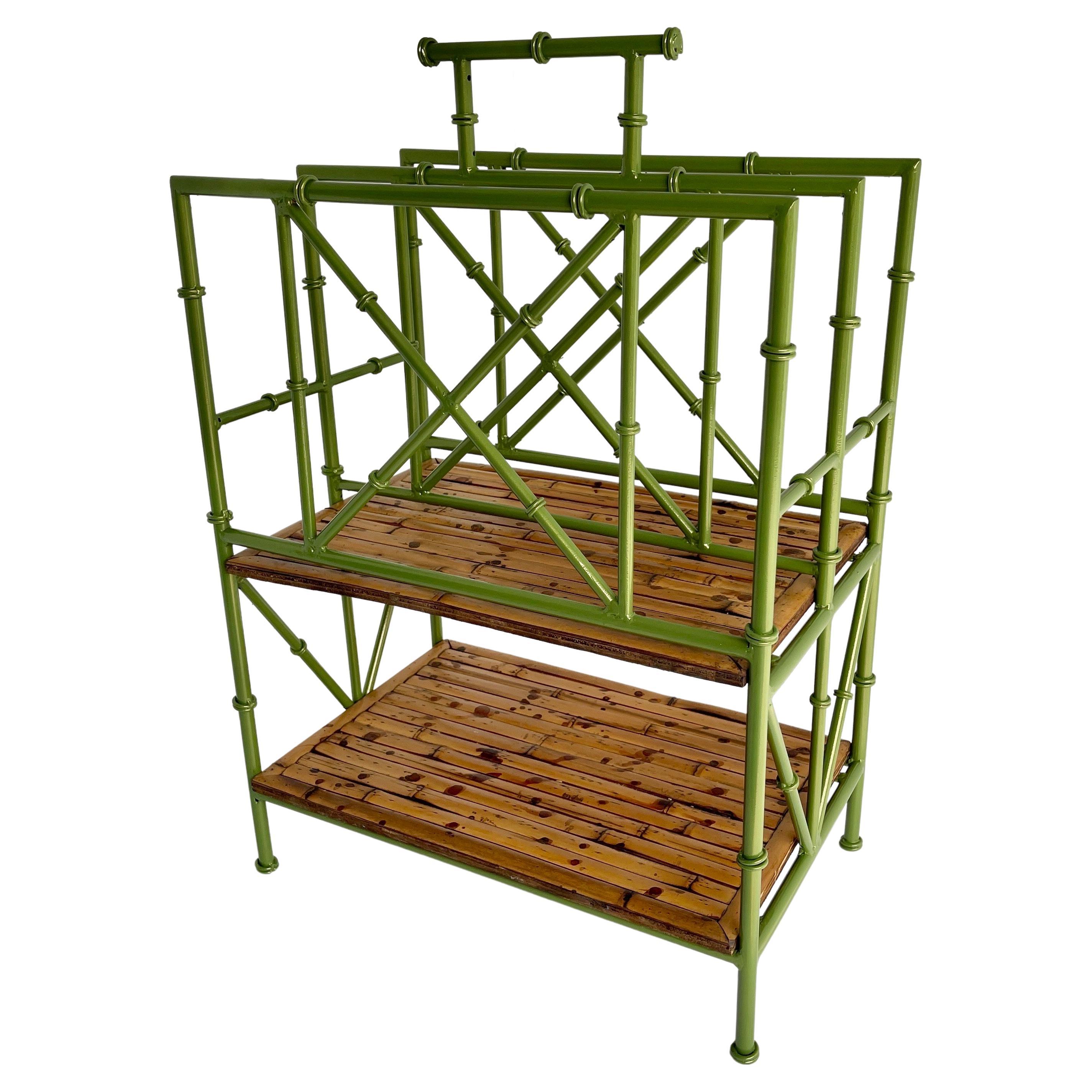 Mid-Century Modern Vintage Faux Bamboo Leafy Green Iron Magazine Rack Stand, France, 1950s For Sale