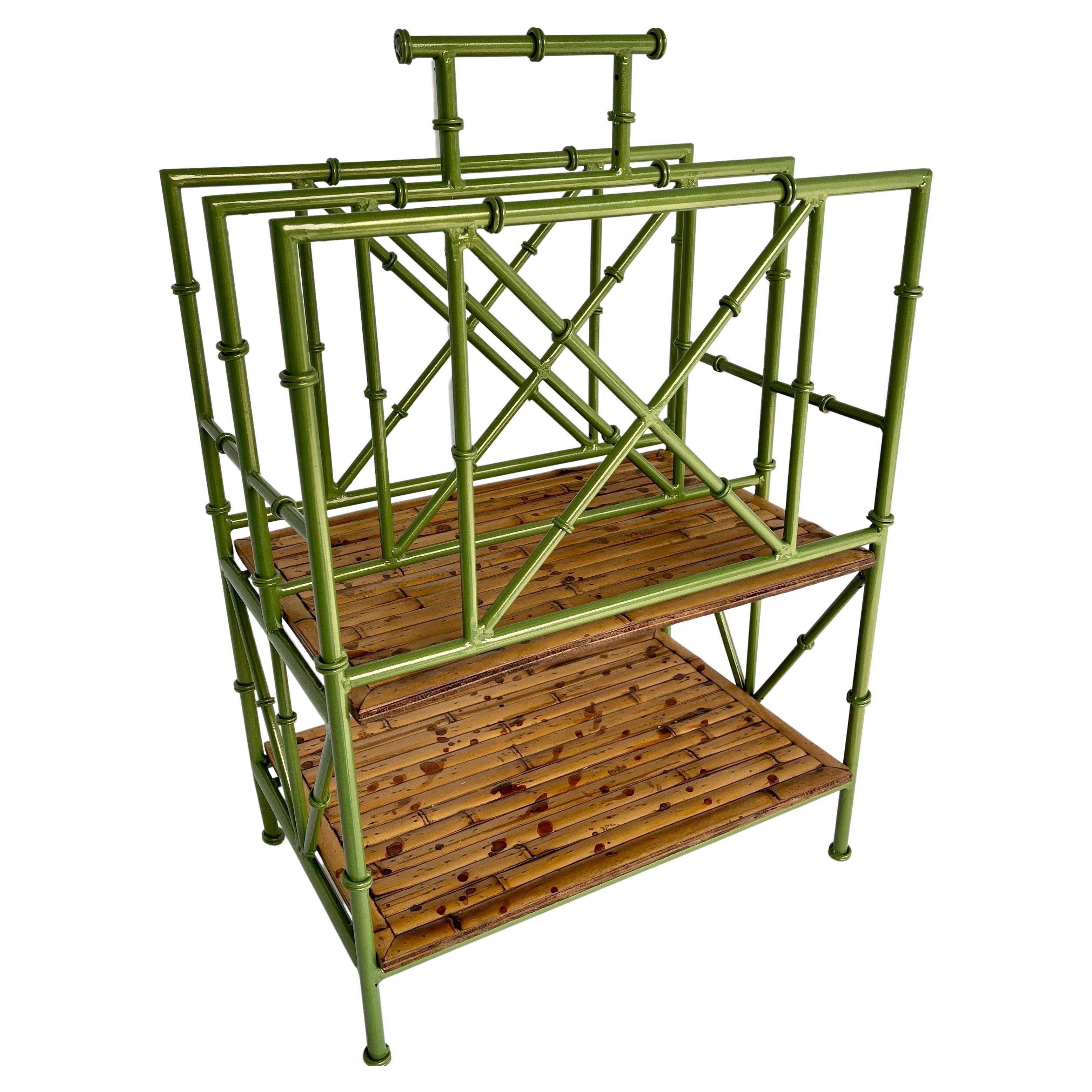 French Vintage Faux Bamboo Leafy Green Iron Magazine Rack Stand, France, 1950s For Sale