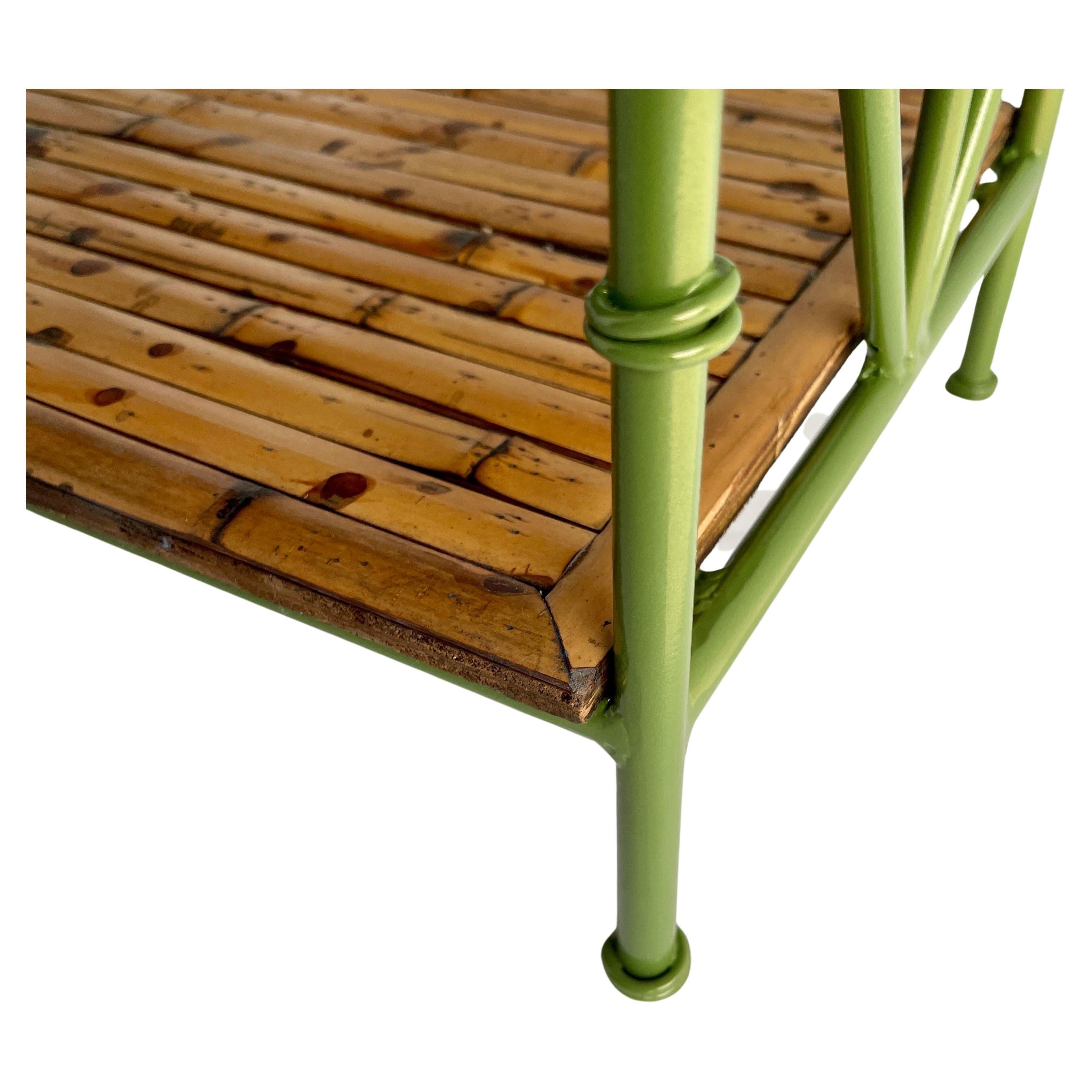 Powder-Coated Vintage Faux Bamboo Leafy Green Iron Magazine Rack Stand, France, 1950s For Sale
