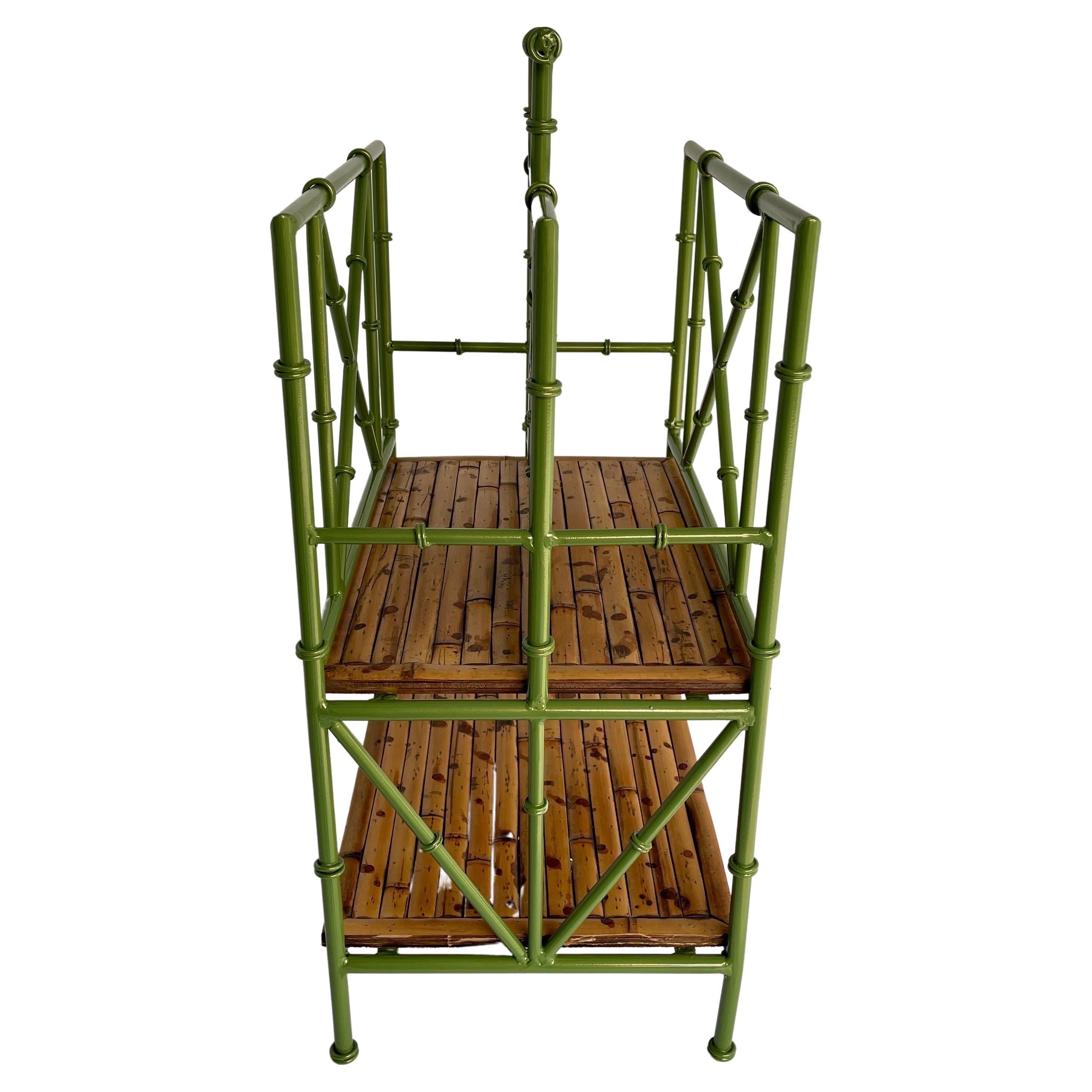 Vintage Faux Bamboo Leafy Green Iron Magazine Rack Stand, France, 1950s In Good Condition For Sale In Haddonfield, NJ