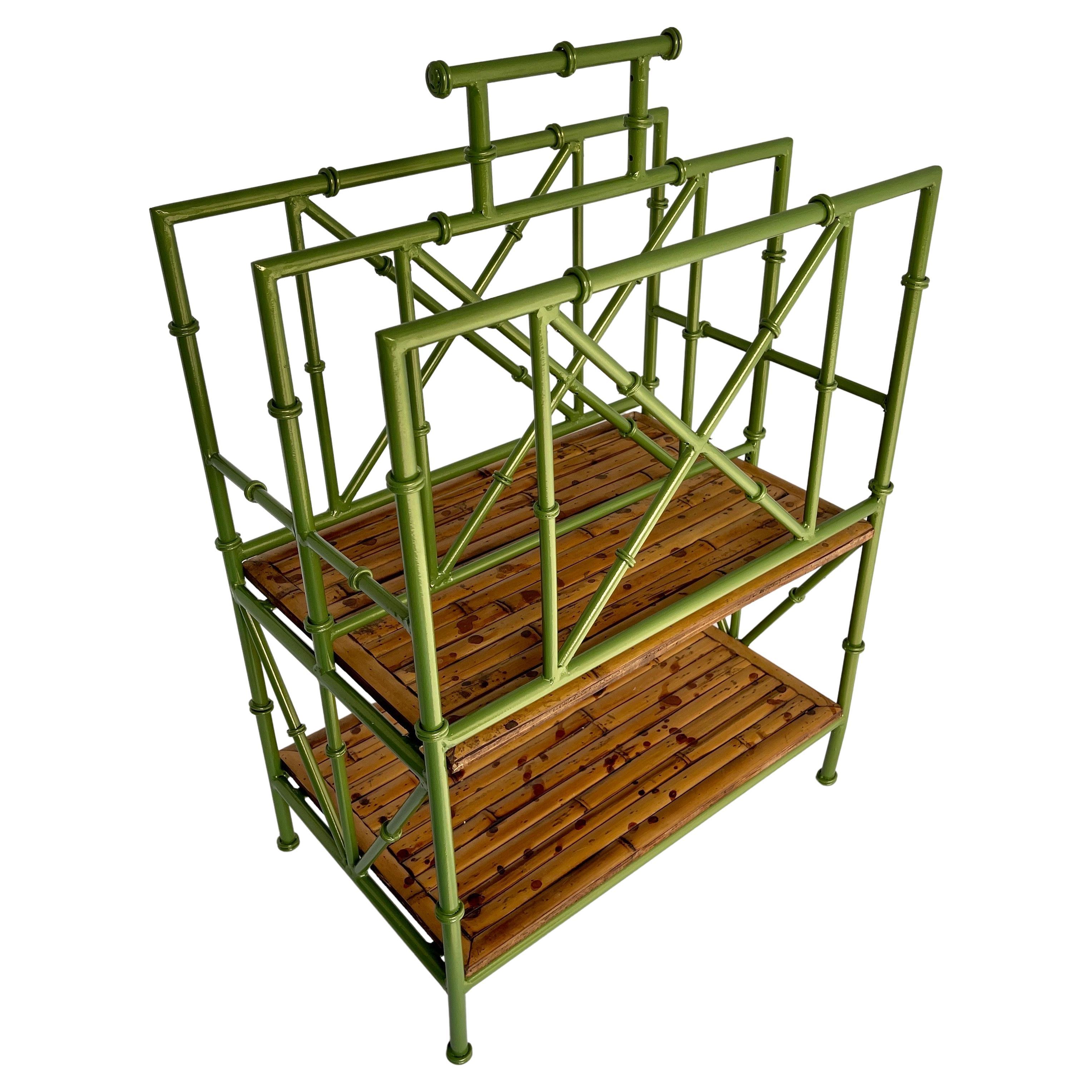 20th Century Vintage Faux Bamboo Leafy Green Iron Magazine Rack Stand, France, 1950s For Sale