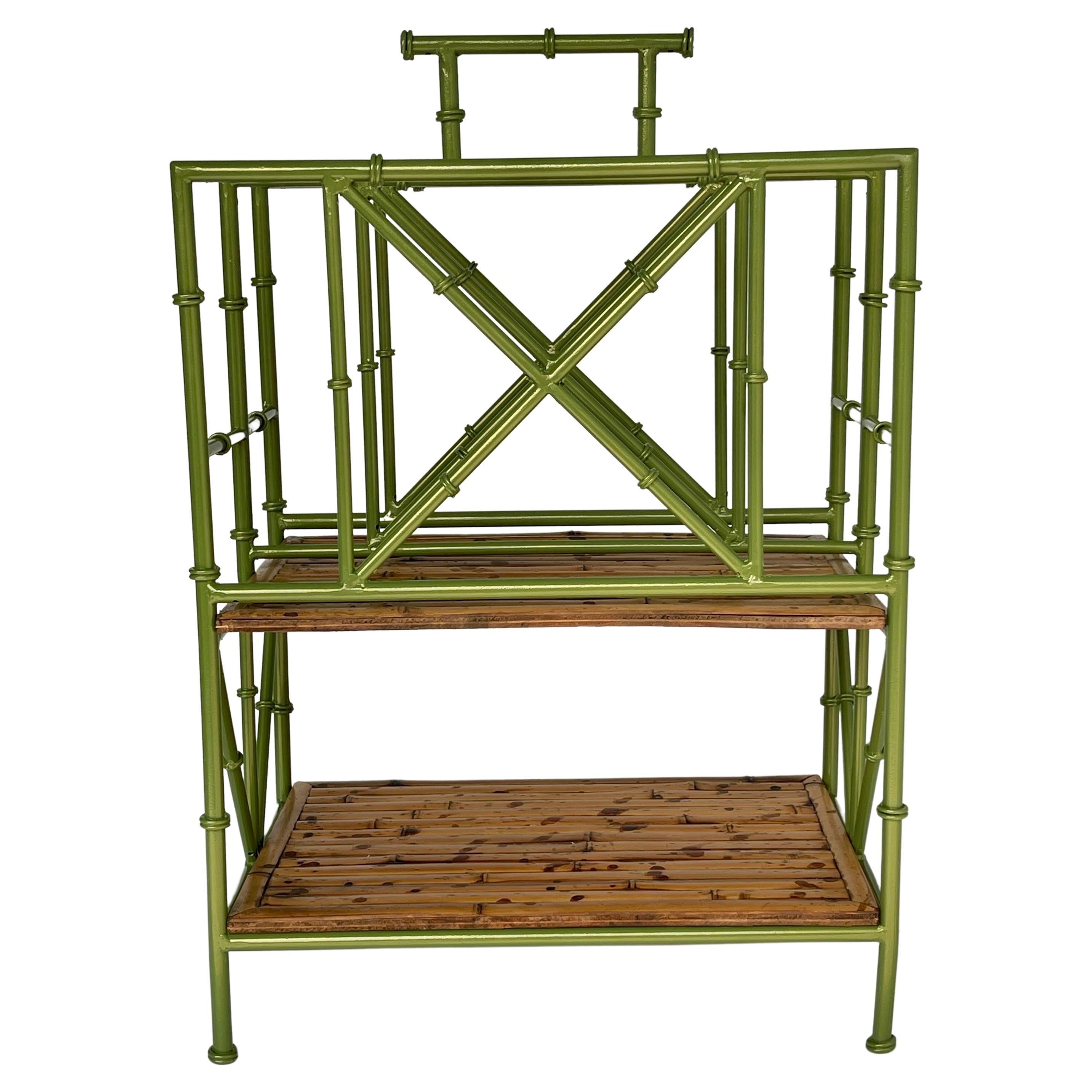 Vintage Faux Bamboo Leafy Green Iron Magazine Rack Stand, France, 1950s For Sale 1