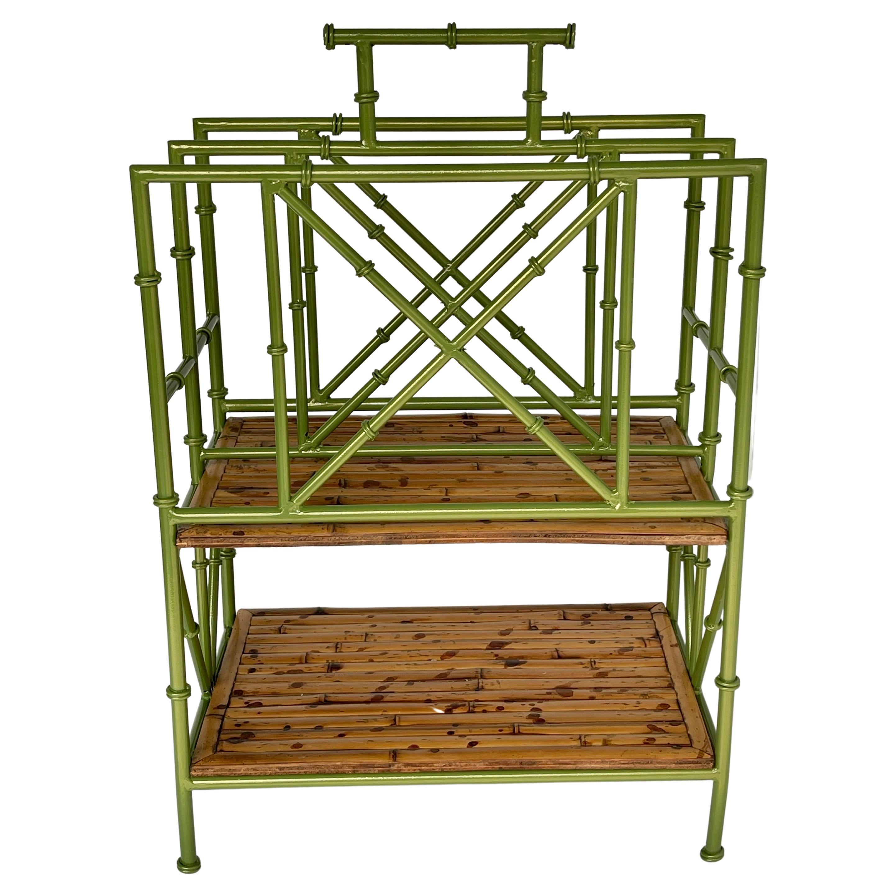 Vintage Faux Bamboo Leafy Green Iron Magazine Rack Stand, France, 1950s For Sale 2