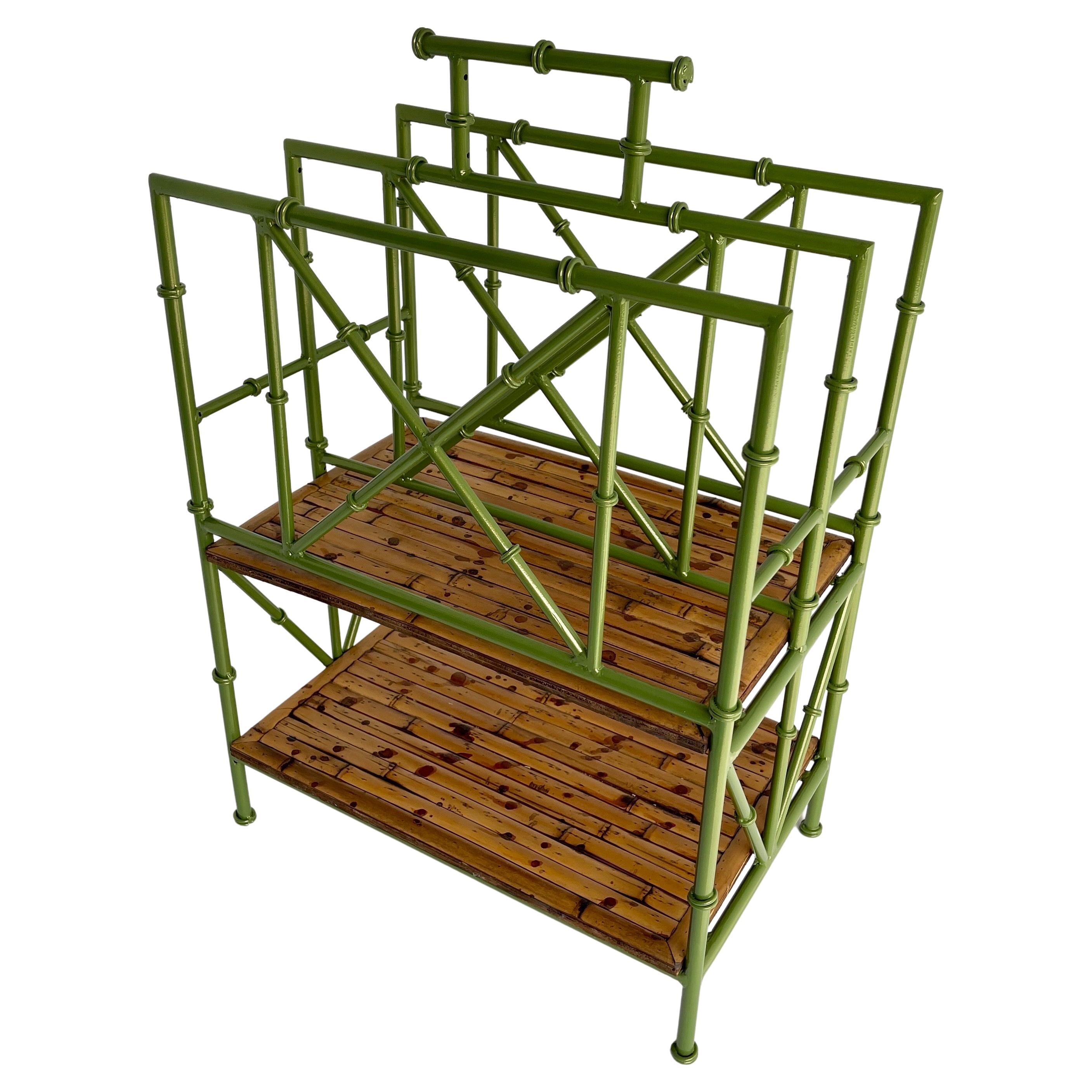 Vintage Faux Bamboo Leafy Green Iron Magazine Rack Stand, France, 1950s
