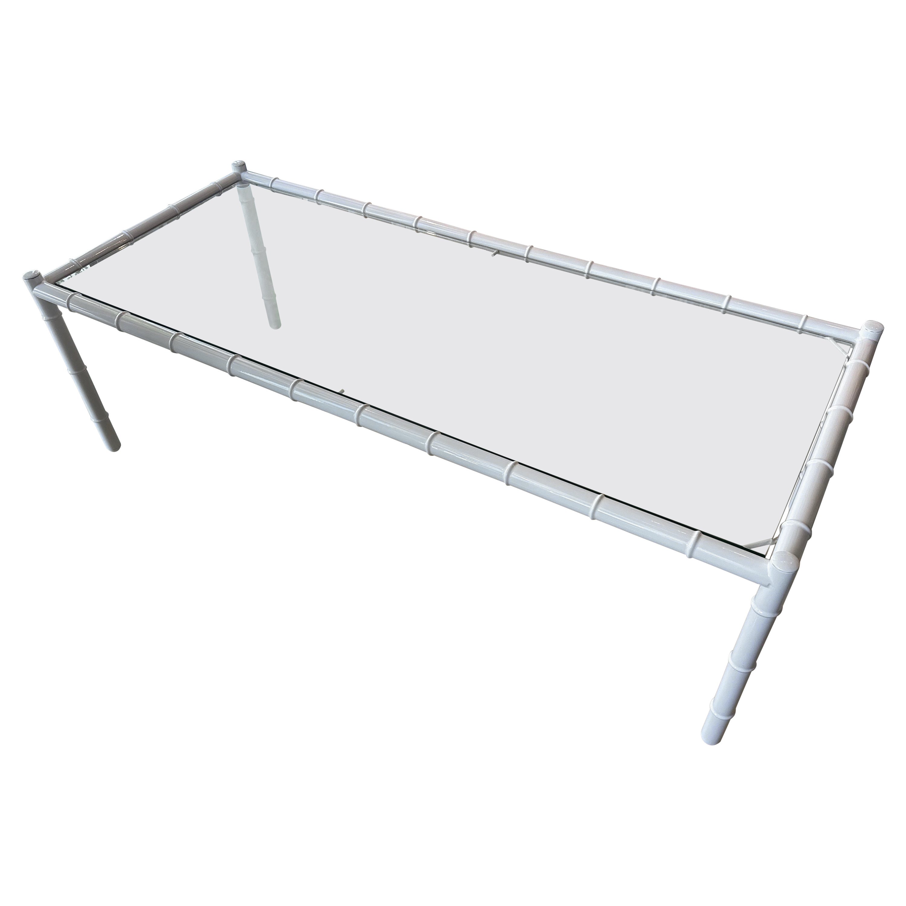 Vintage Faux Bamboo Metal Newly Powder-coated Patio Coffee Cocktail Table Glass
