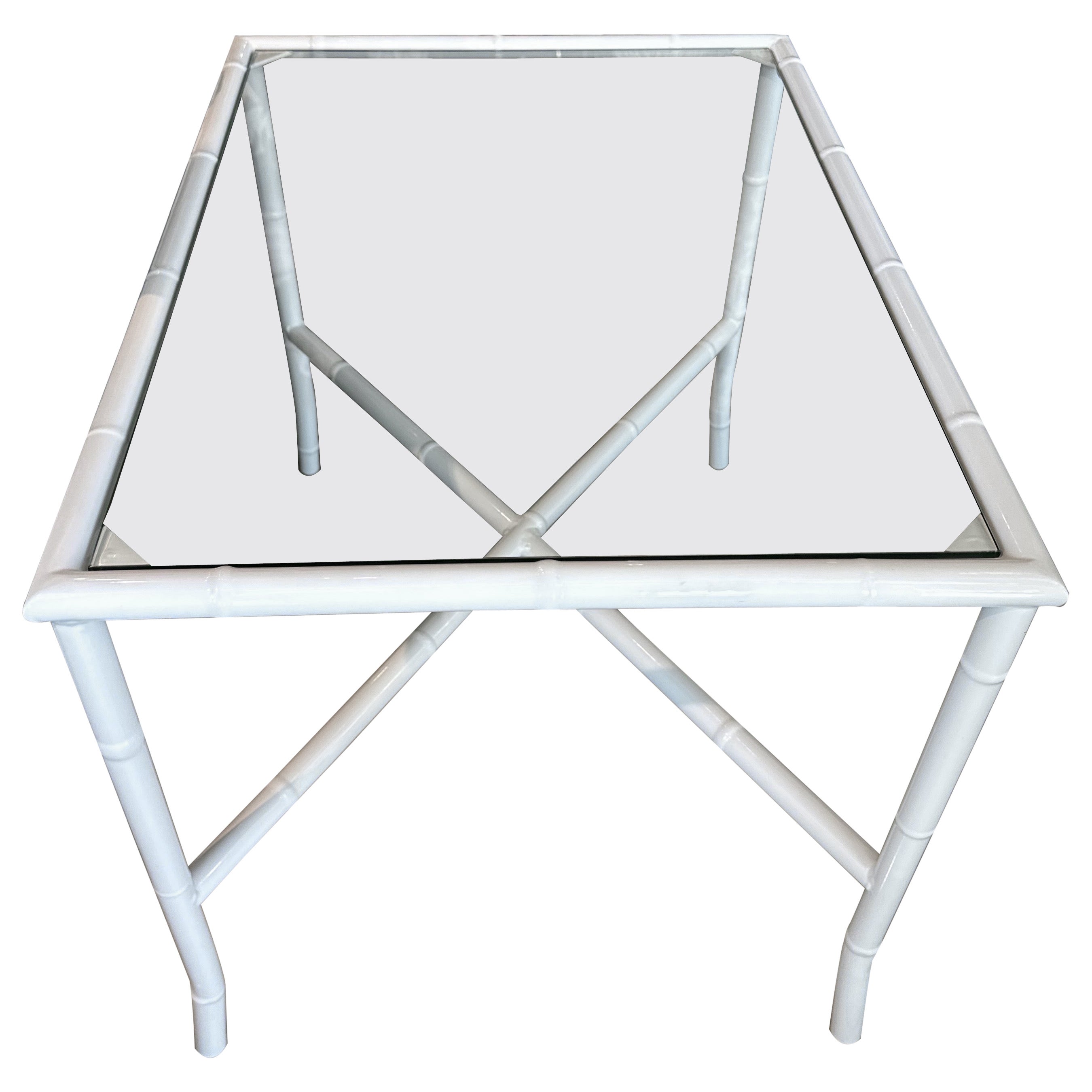 Vintage Faux Bamboo Metal Newly Powder-coated Patio End Side Drink Table Glass