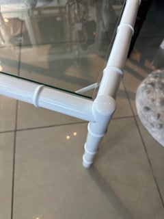 Vintage Faux Bamboo Metal Newly Powder-coated Patio Coffee Cocktail Table Glass