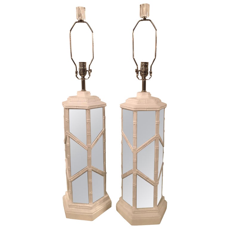 Vintage Faux Bamboo Mirrored Chinese Chippendale Pair of Table Lamps