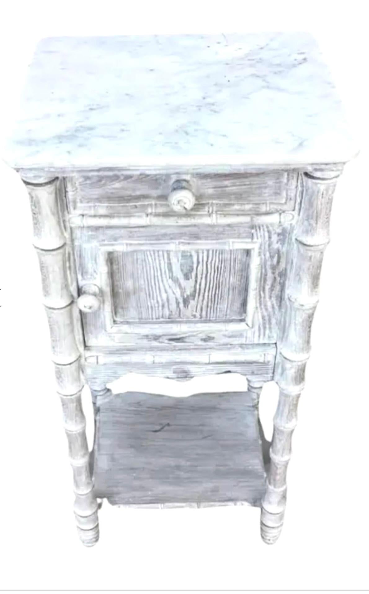 Vintage Faux Bamboo Nightstand or Side Table With White Marble Top      #2 For Sale 3
