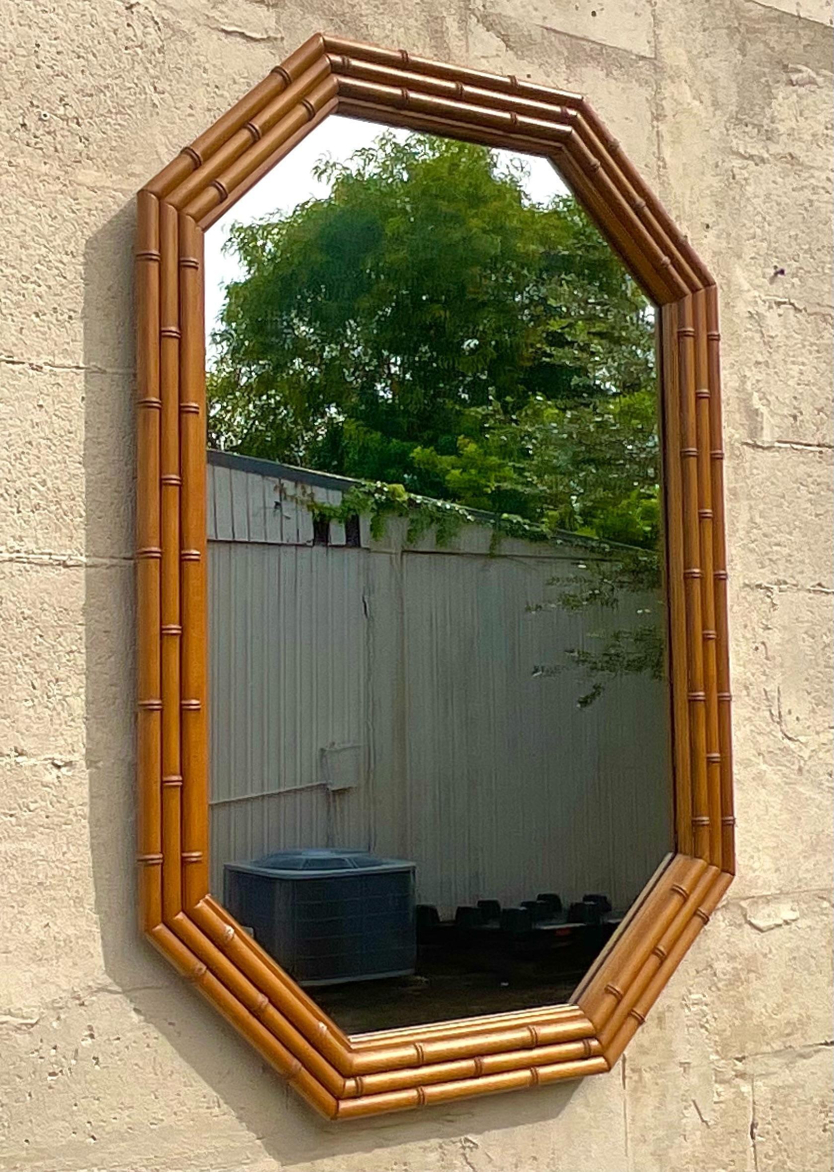 Hollywood Regency Vintage Faux Bamboo Octagonal Wall Mirror For Sale