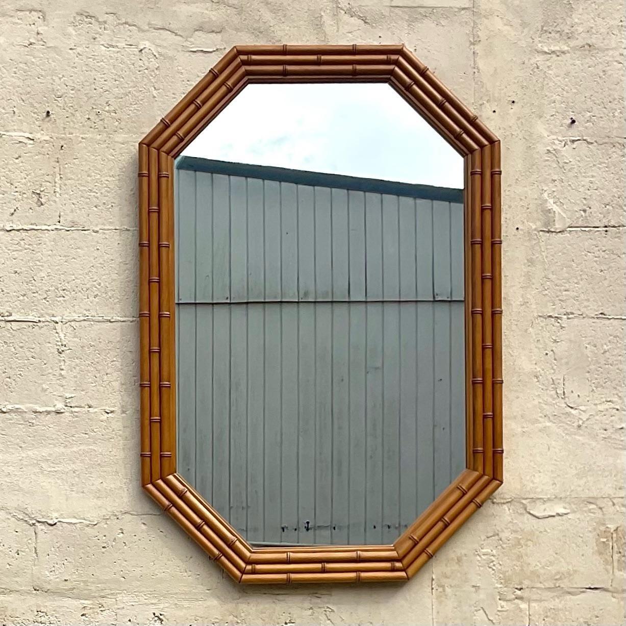 Vintage Faux Bamboo Octagonal Wall Mirror In Good Condition For Sale In west palm beach, FL