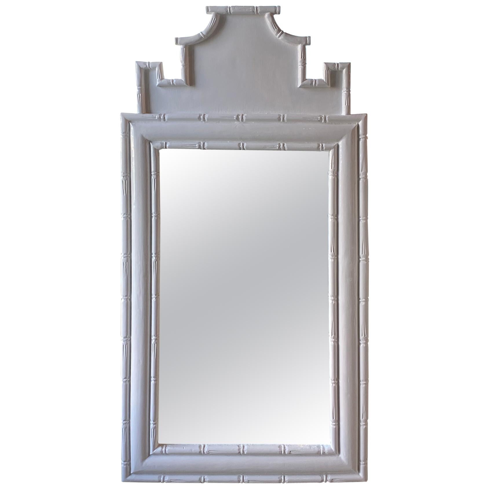 Vintage Faux Bamboo Pagoda Chinoiserie White Lacquered Wall Mirror