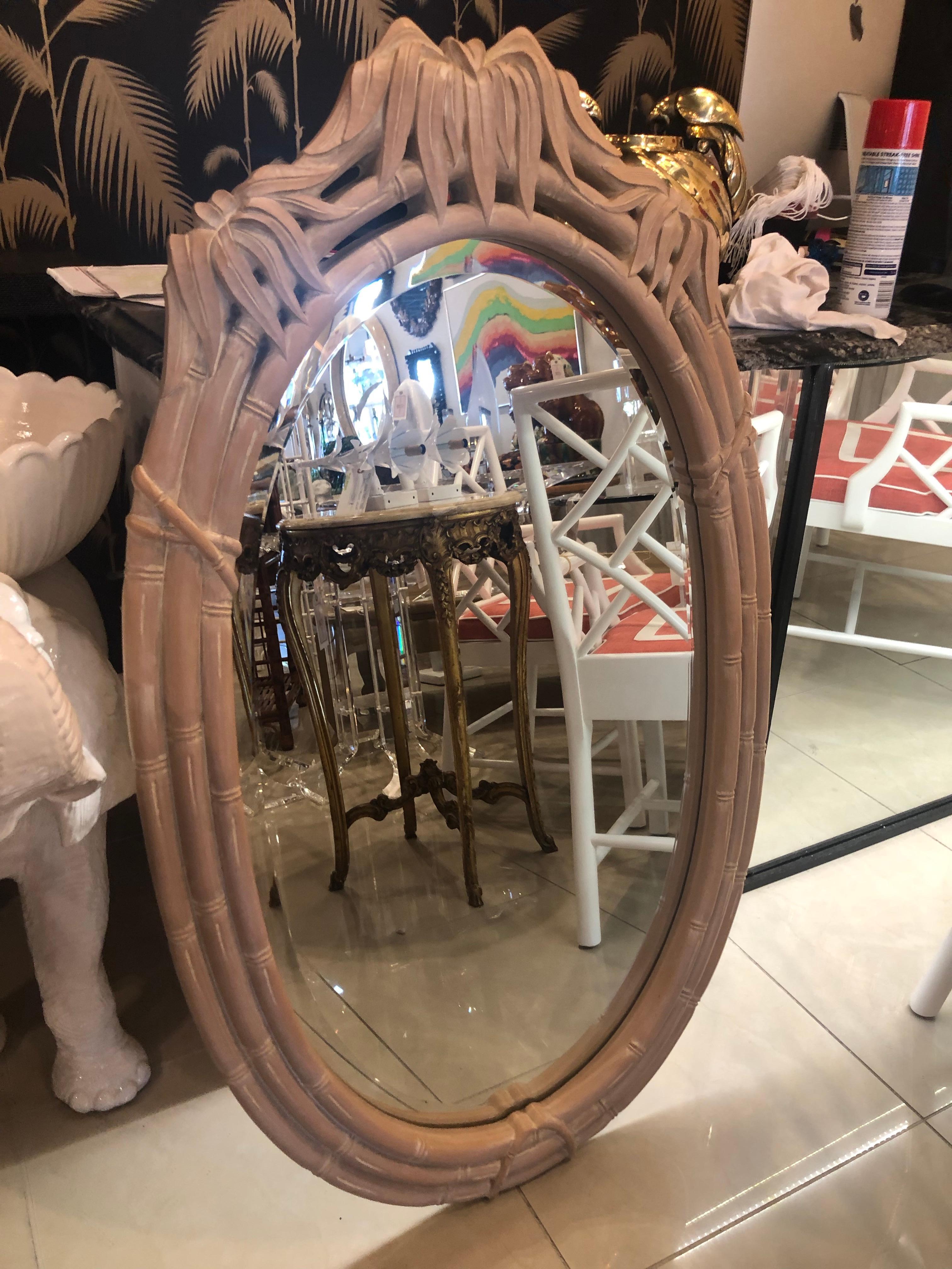 Vintage Faux Bamboo Pagoda Leaf Top Oval Wall Mirror For Sale 3
