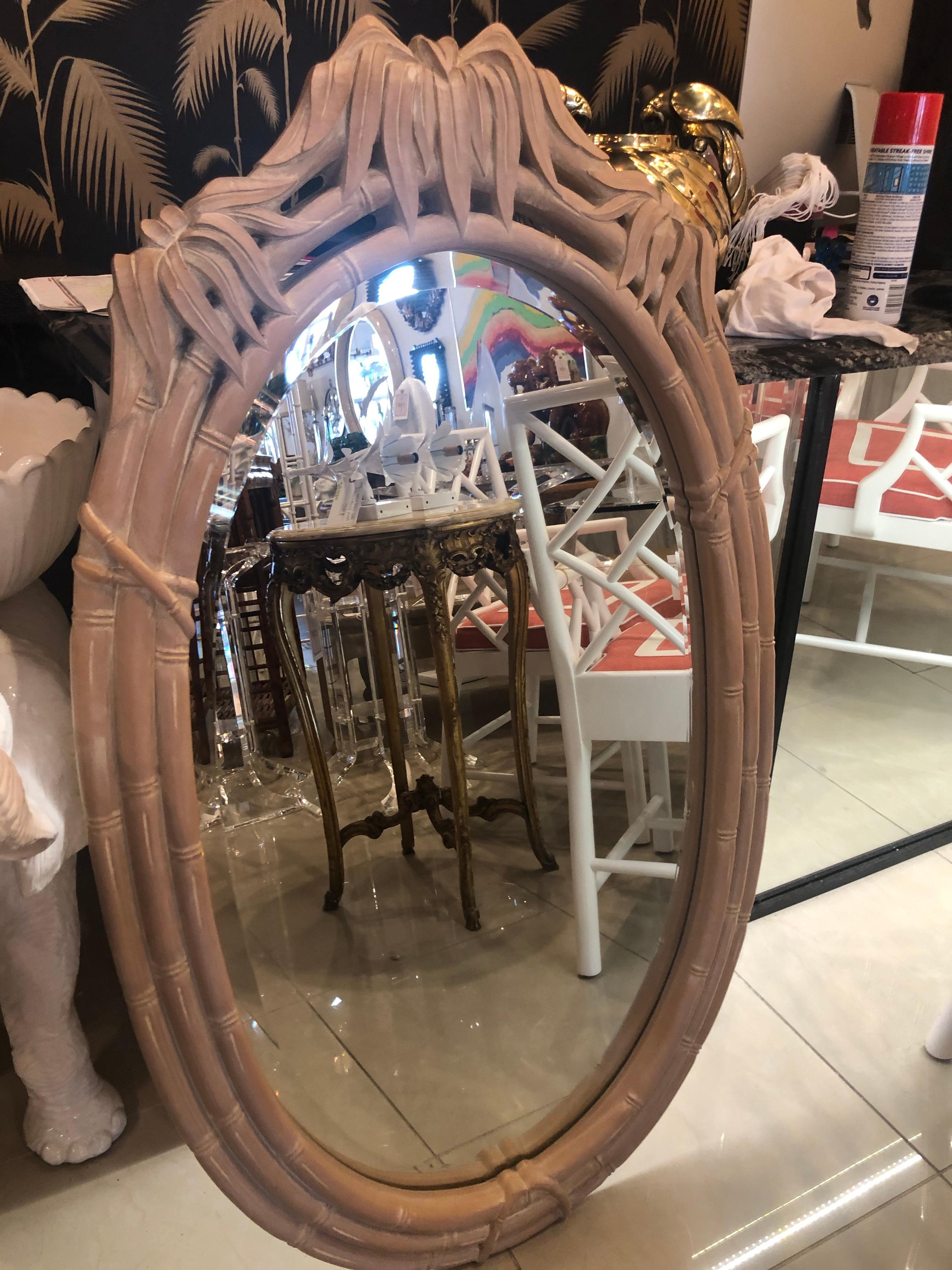 Vintage Faux Bamboo Pagoda Leaf Top Oval Wall Mirror For Sale 4