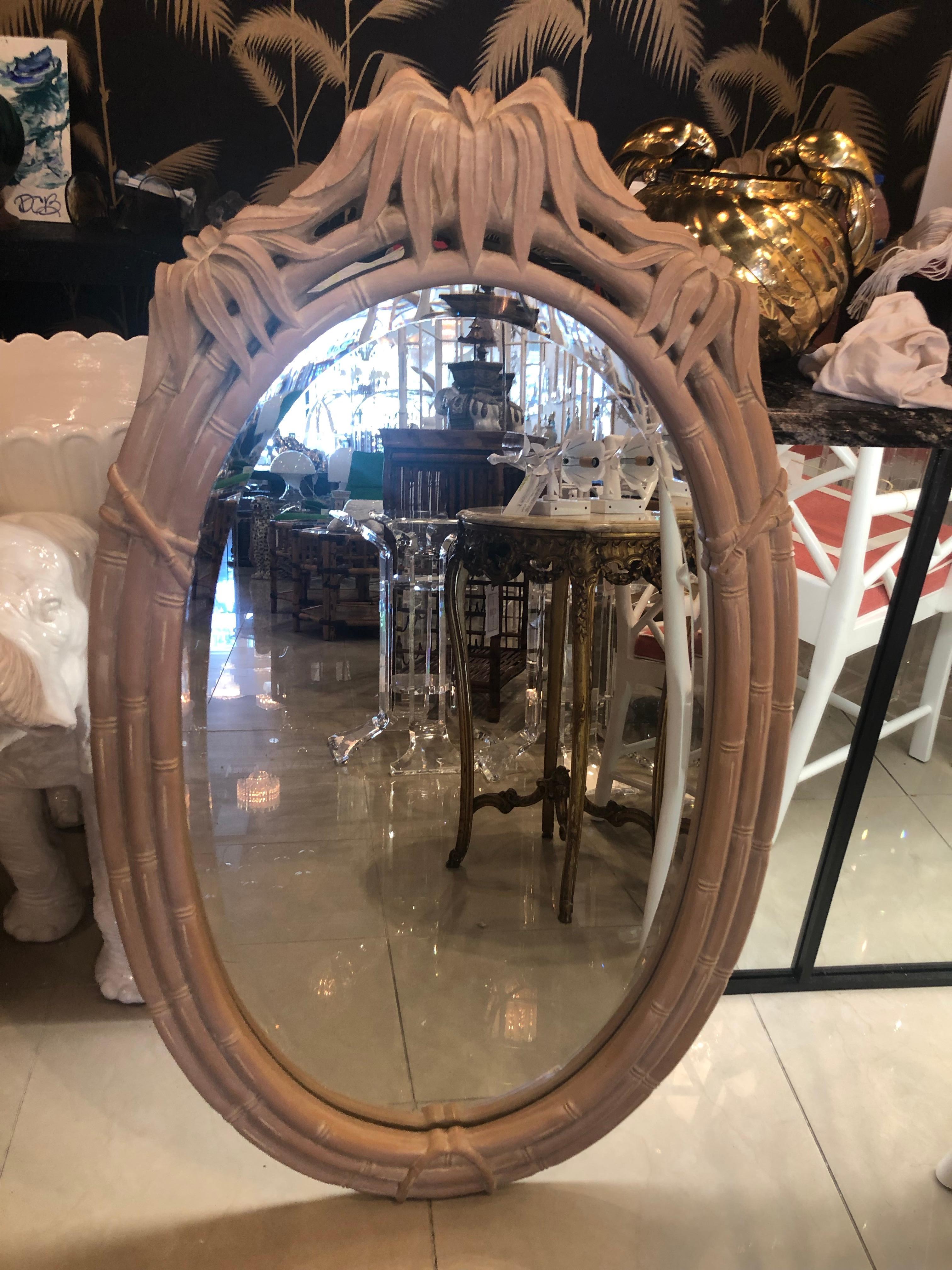 Hollywood Regency Vintage Faux Bamboo Pagoda Leaf Top Oval Wall Mirror For Sale