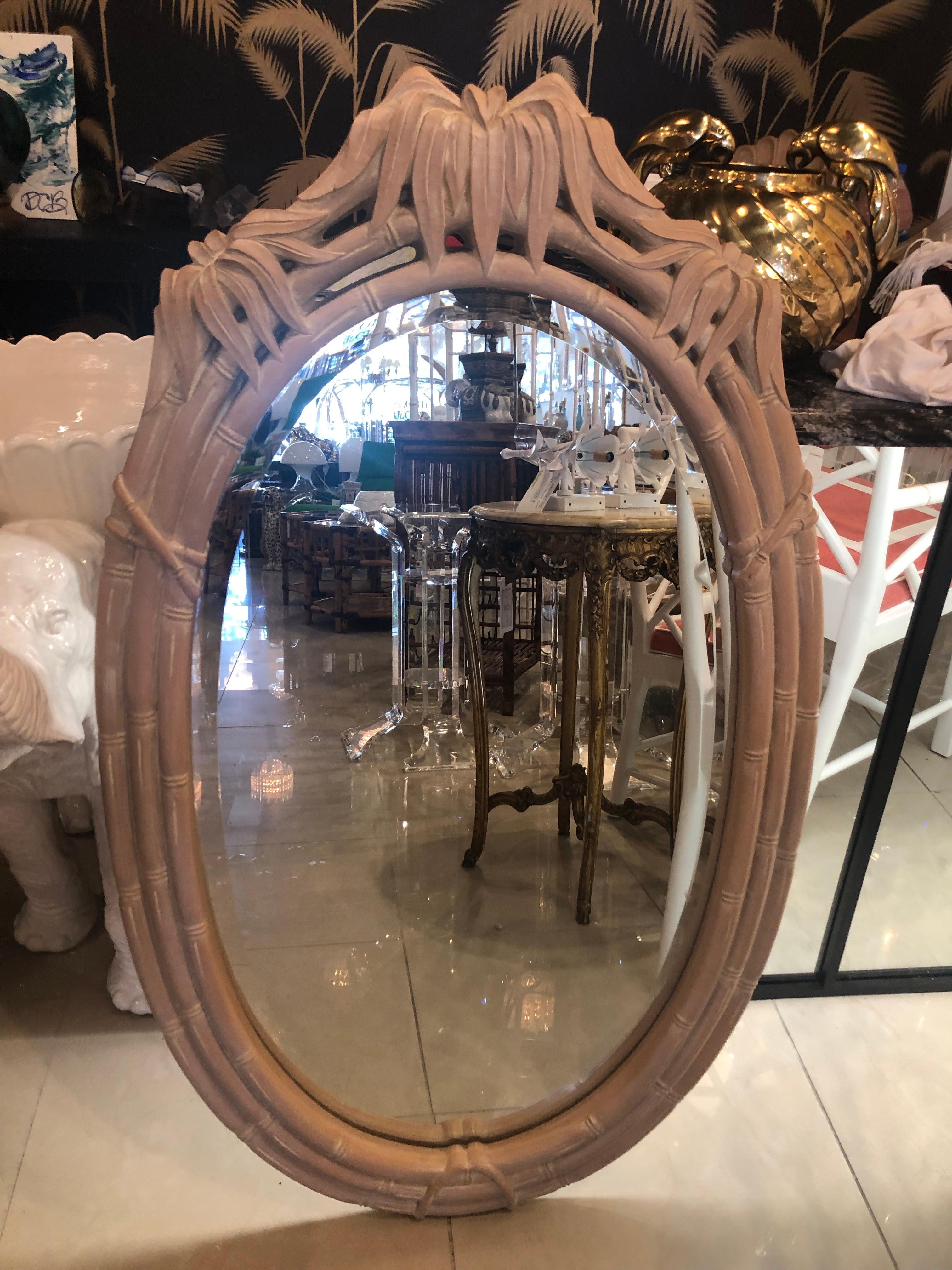 American Vintage Faux Bamboo Pagoda Leaf Top Oval Wall Mirror For Sale