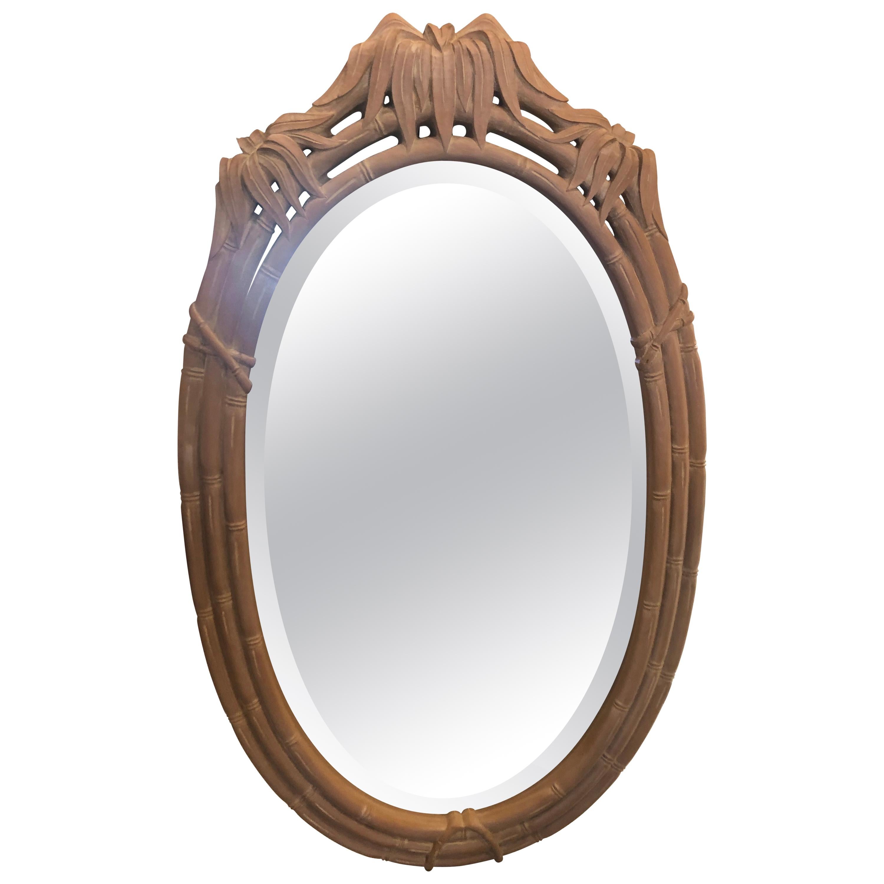 Vintage Faux Bamboo Pagoda Leaf Top Oval Wall Mirror For Sale