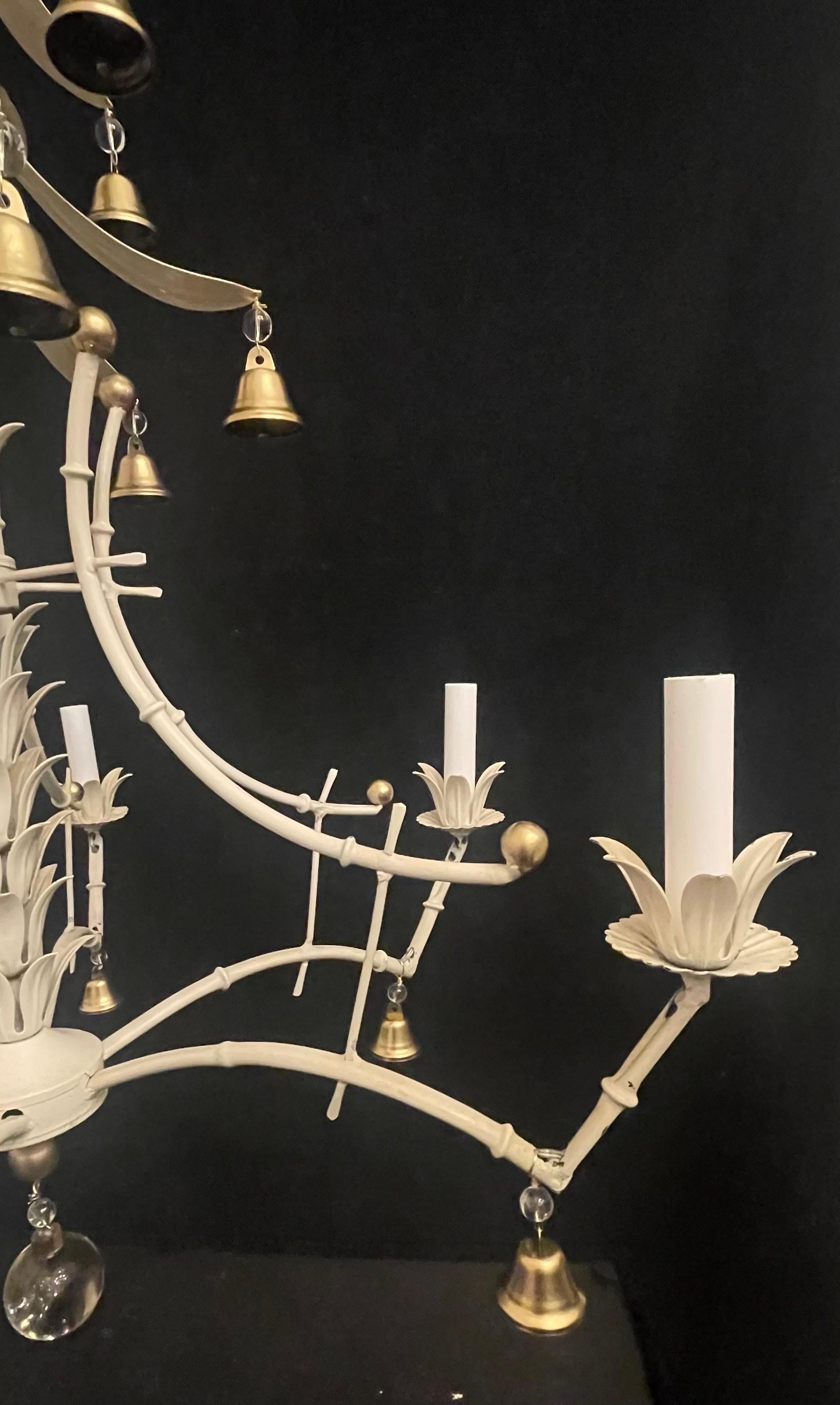 Italian Vintage Faux Bamboo Pagoda Tole White Gold Gilt Metal Palm Beach Chandelier For Sale