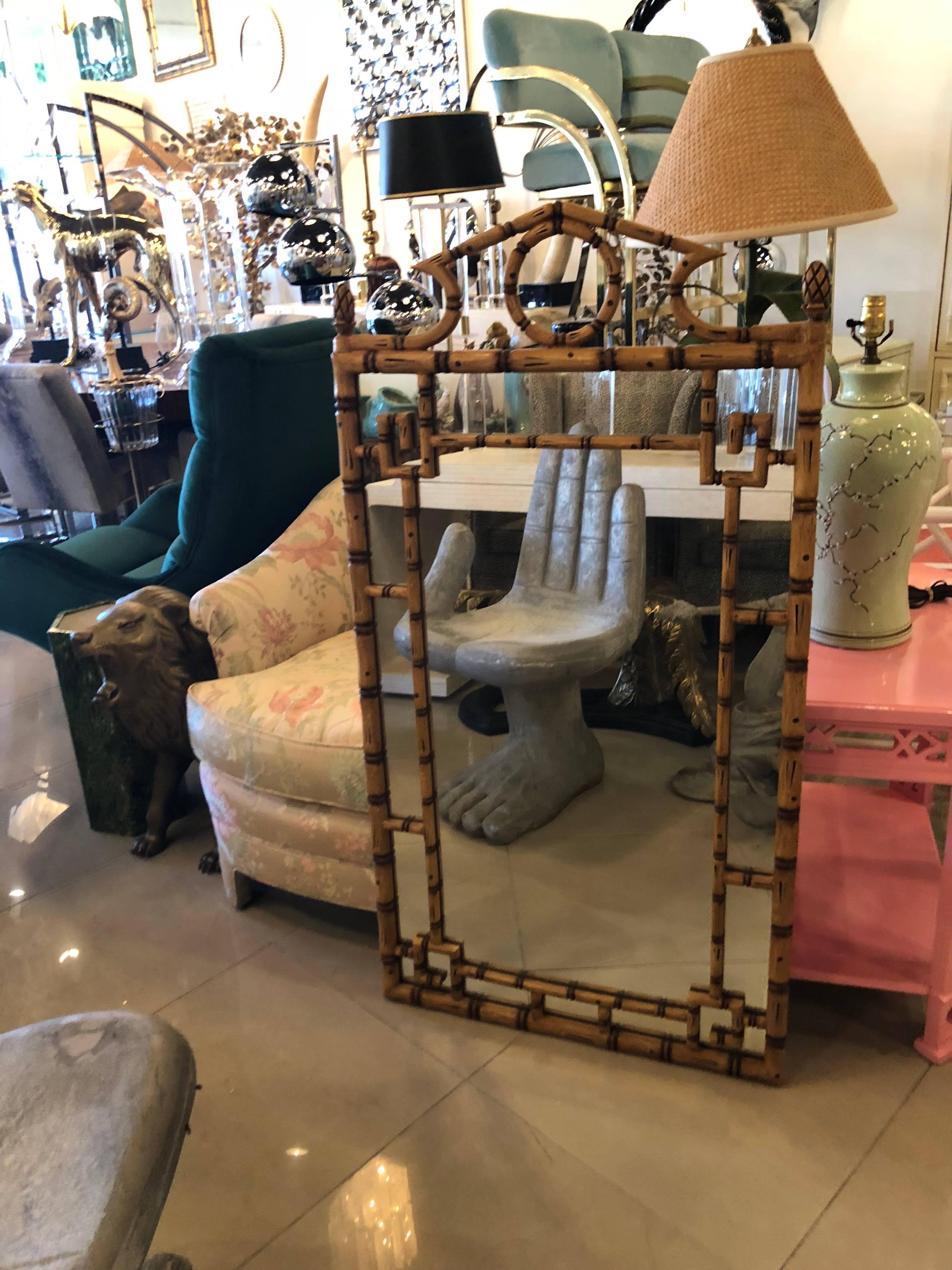 Vintage Faux Bamboo Pagoda Wall Mirror Greek Key In Excellent Condition In West Palm Beach, FL