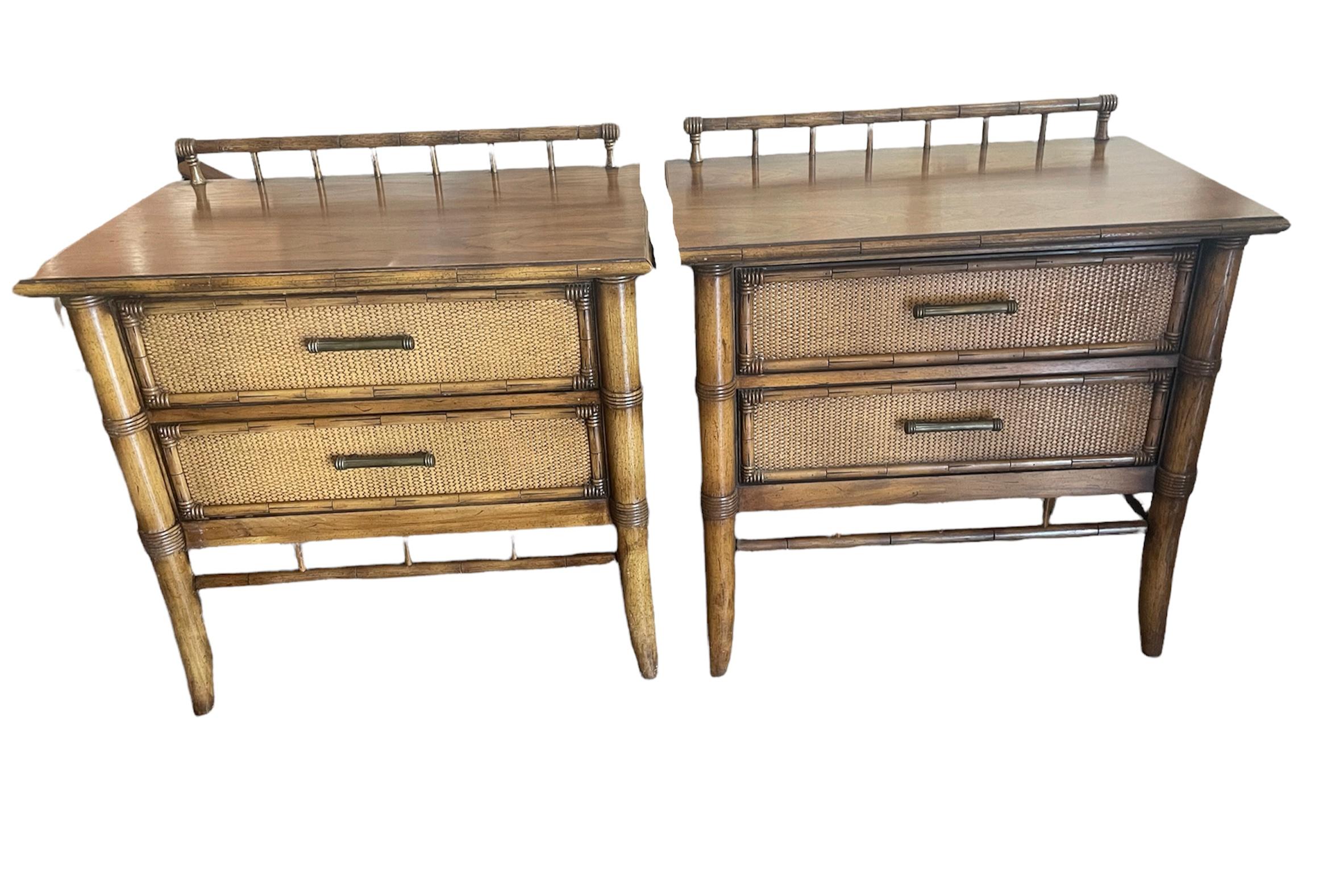 Vintage Faux Bamboo Rattan nightstands by Thomasville . Beautiful lines with unique detail on the table top with the bamboo design.
Great bohemian or coastal vibe. Also one is slightly lighter on the face of the set than the other, photos show. But