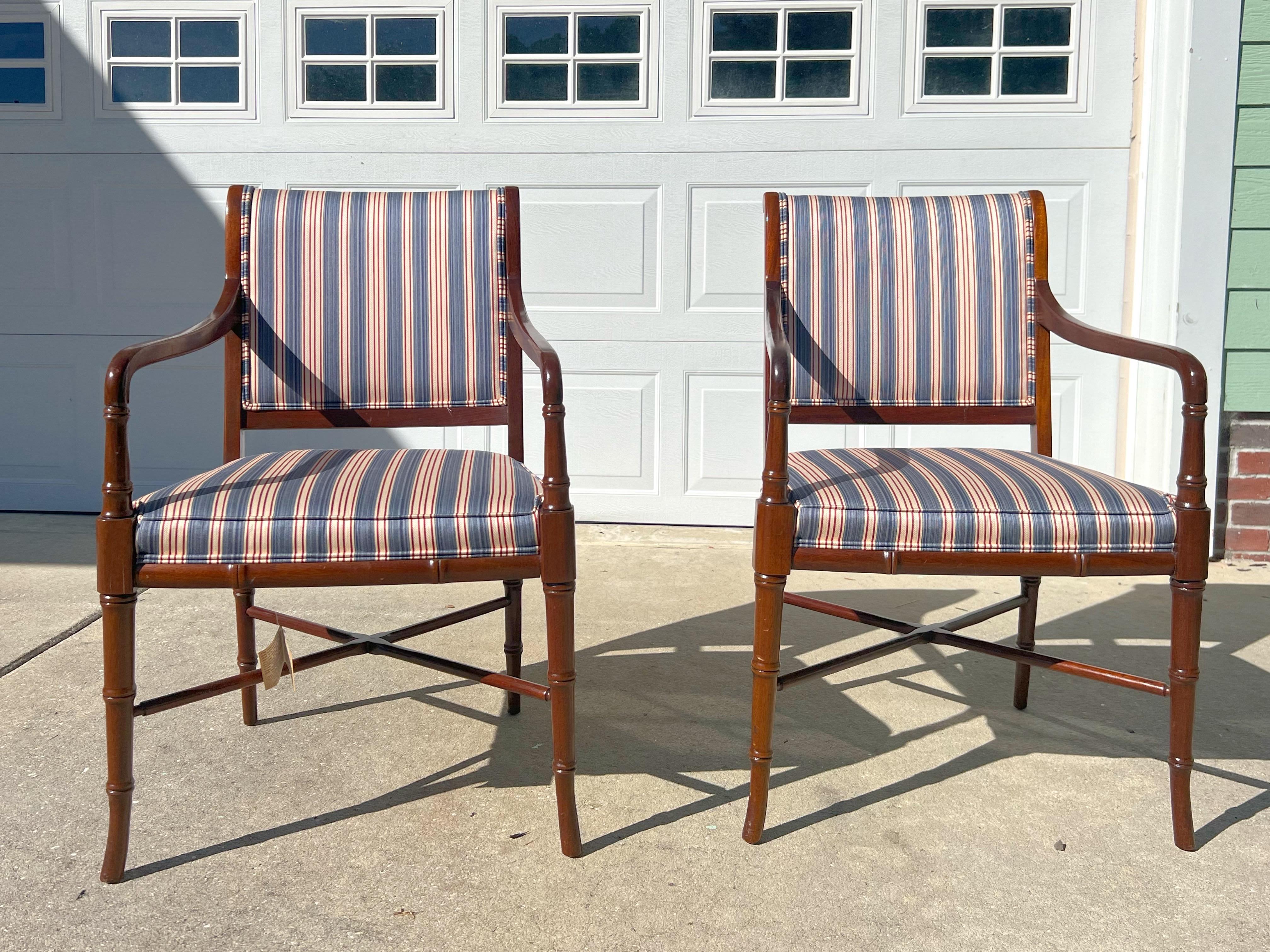 Vintage Faux Bamboo Regency Style Mahogany Armchairs - a Pair In Good Condition For Sale In Charleston, SC