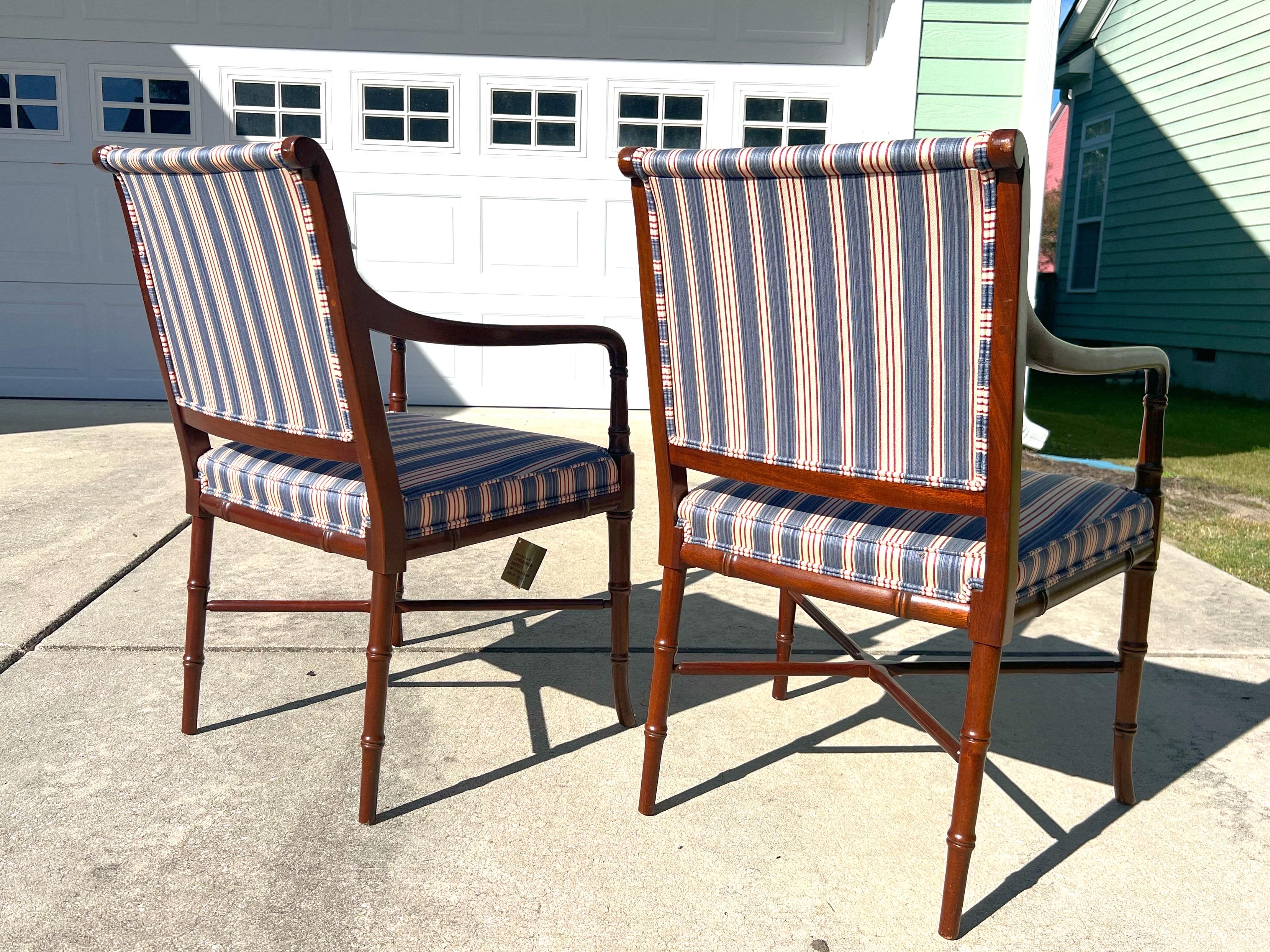 Upholstery Vintage Faux Bamboo Regency Style Mahogany Armchairs - a Pair For Sale